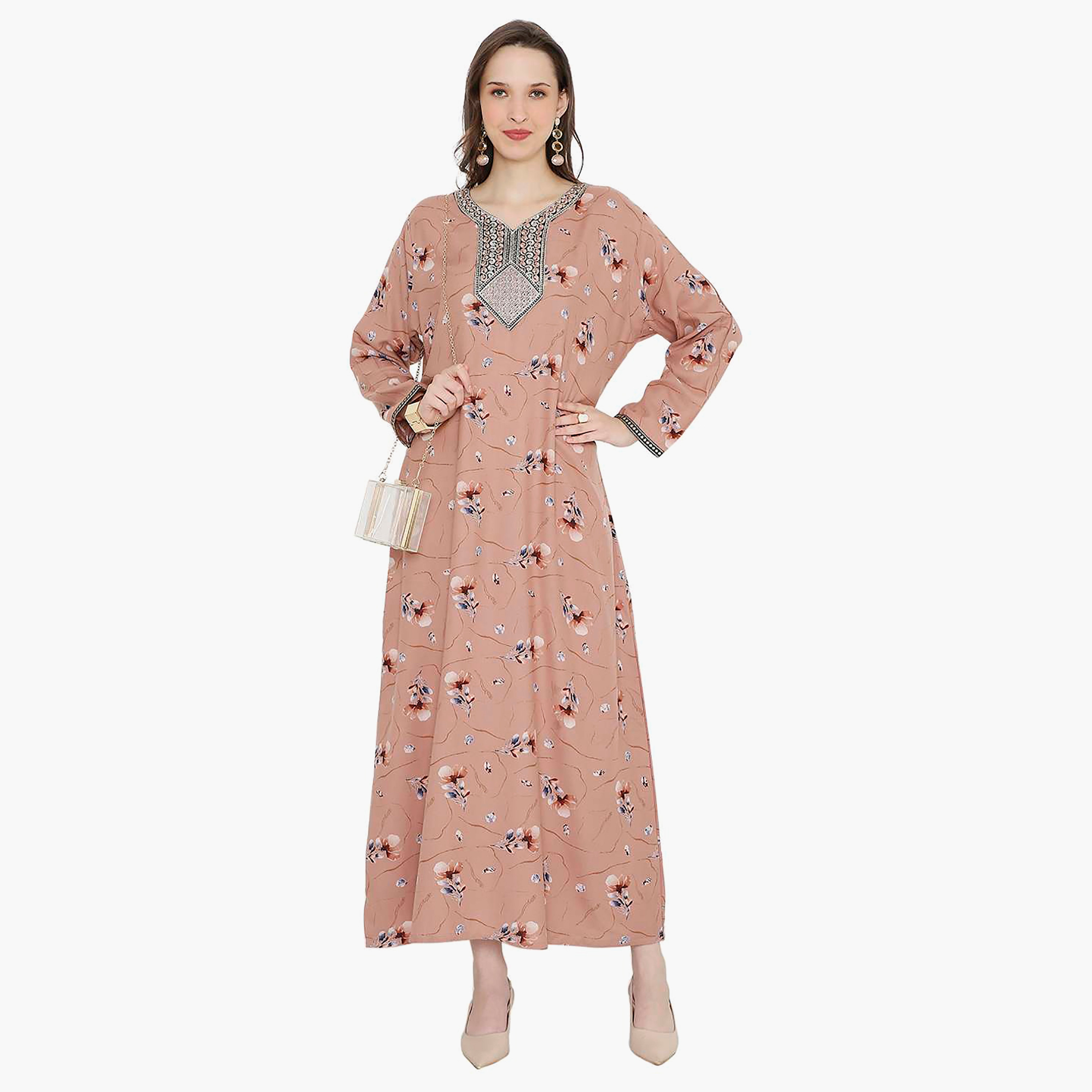 Hana & Sara Floral Embroidered Knot Neck Detail Women's Jalabiya-women-arabicclothing-jalabiyas-image-6