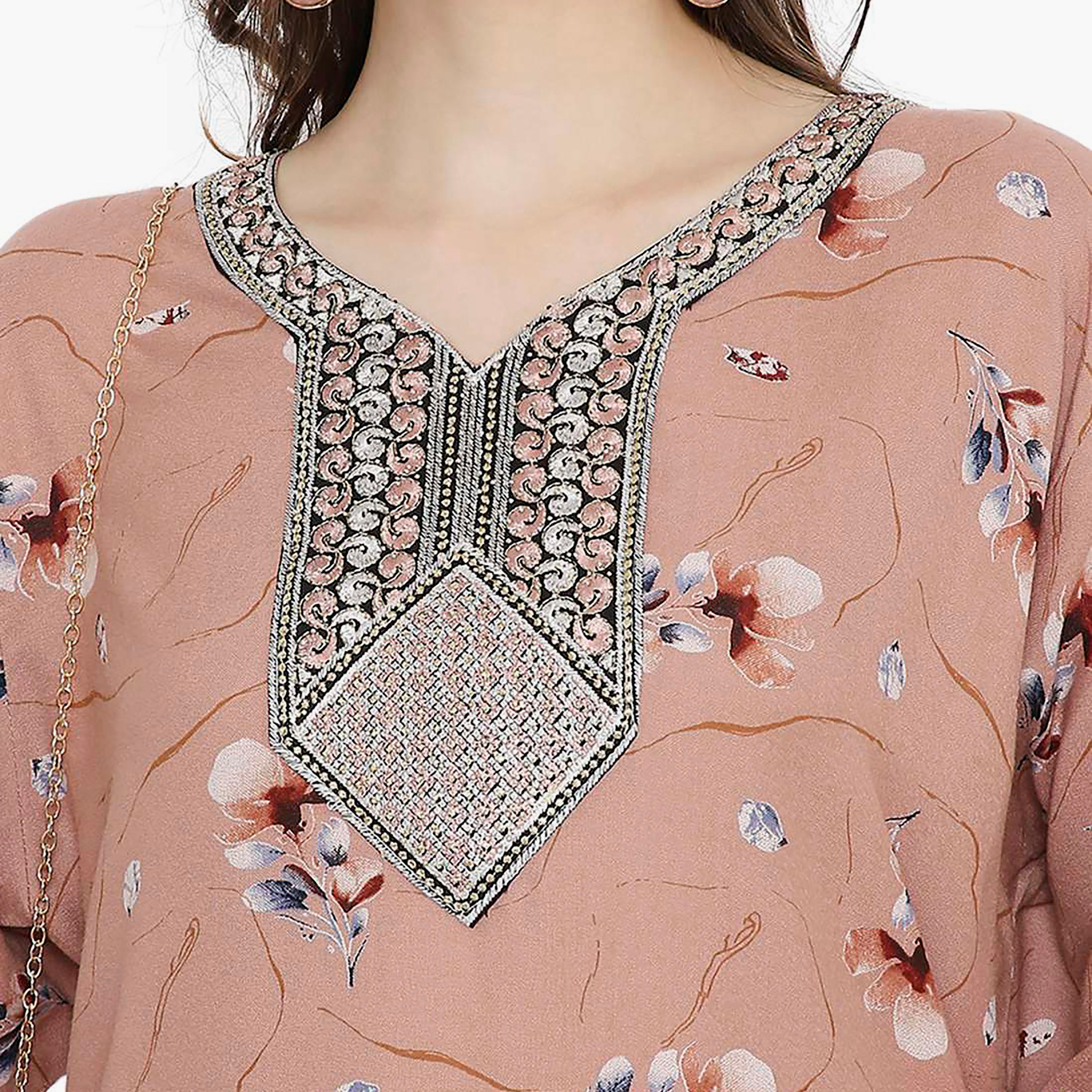Hana & Sara Floral Embroidered Knot Neck Detail Women's Jalabiya-women-arabicclothing-jalabiyas-image-7