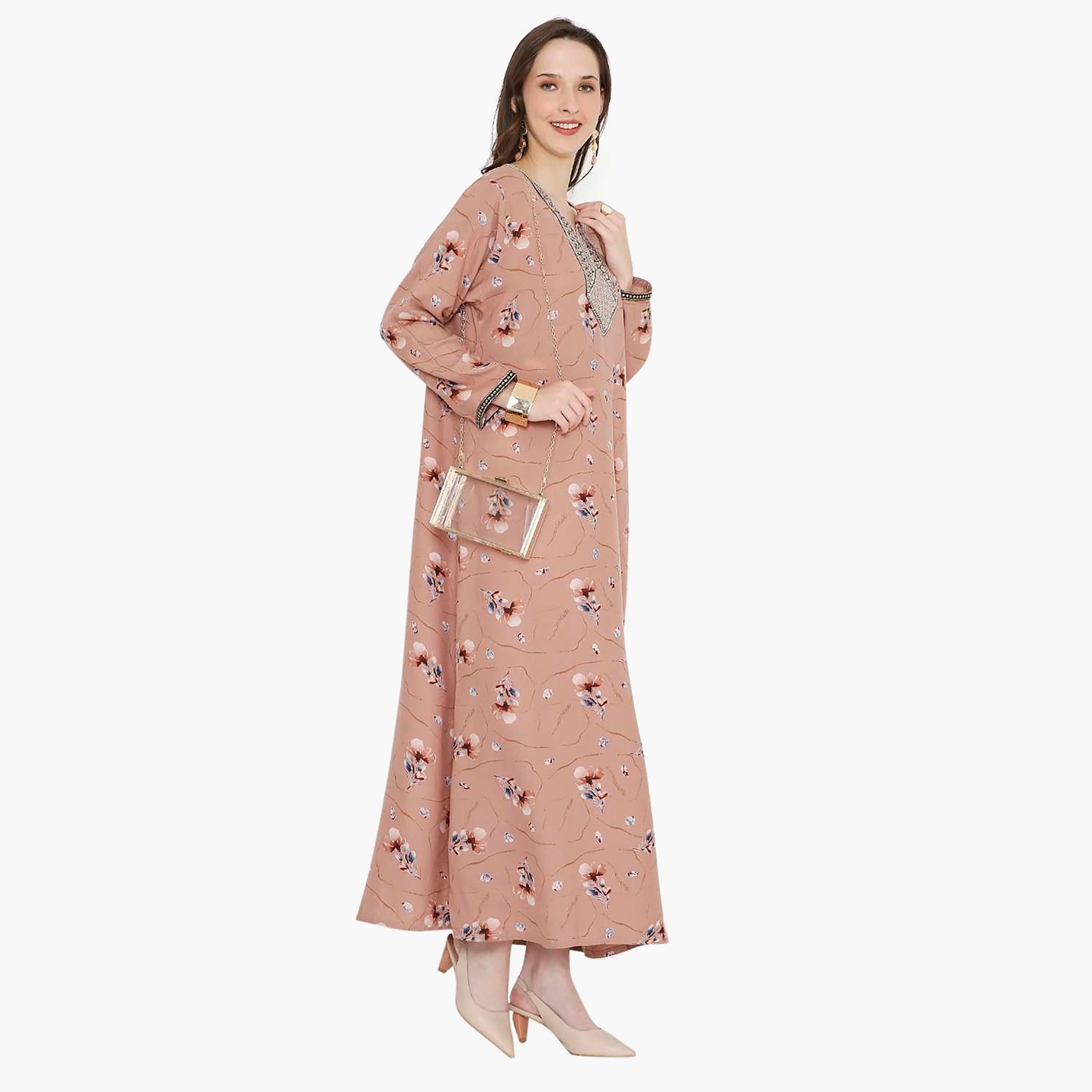 Hana & Sara Floral Embroidered Knot Neck Detail Women's Jalabiya-women-arabicclothing-jalabiyas-image-8