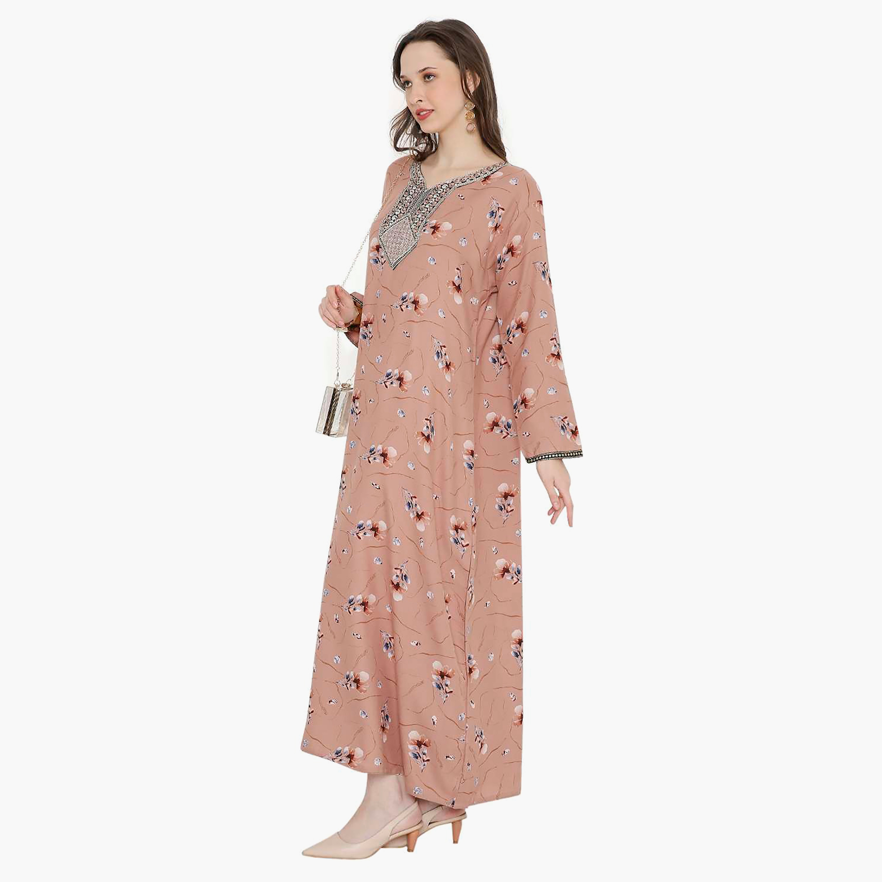 Hana & Sara Floral Embroidered Knot Neck Detail Women's Jalabiya-women-arabicclothing-jalabiyas-image-9