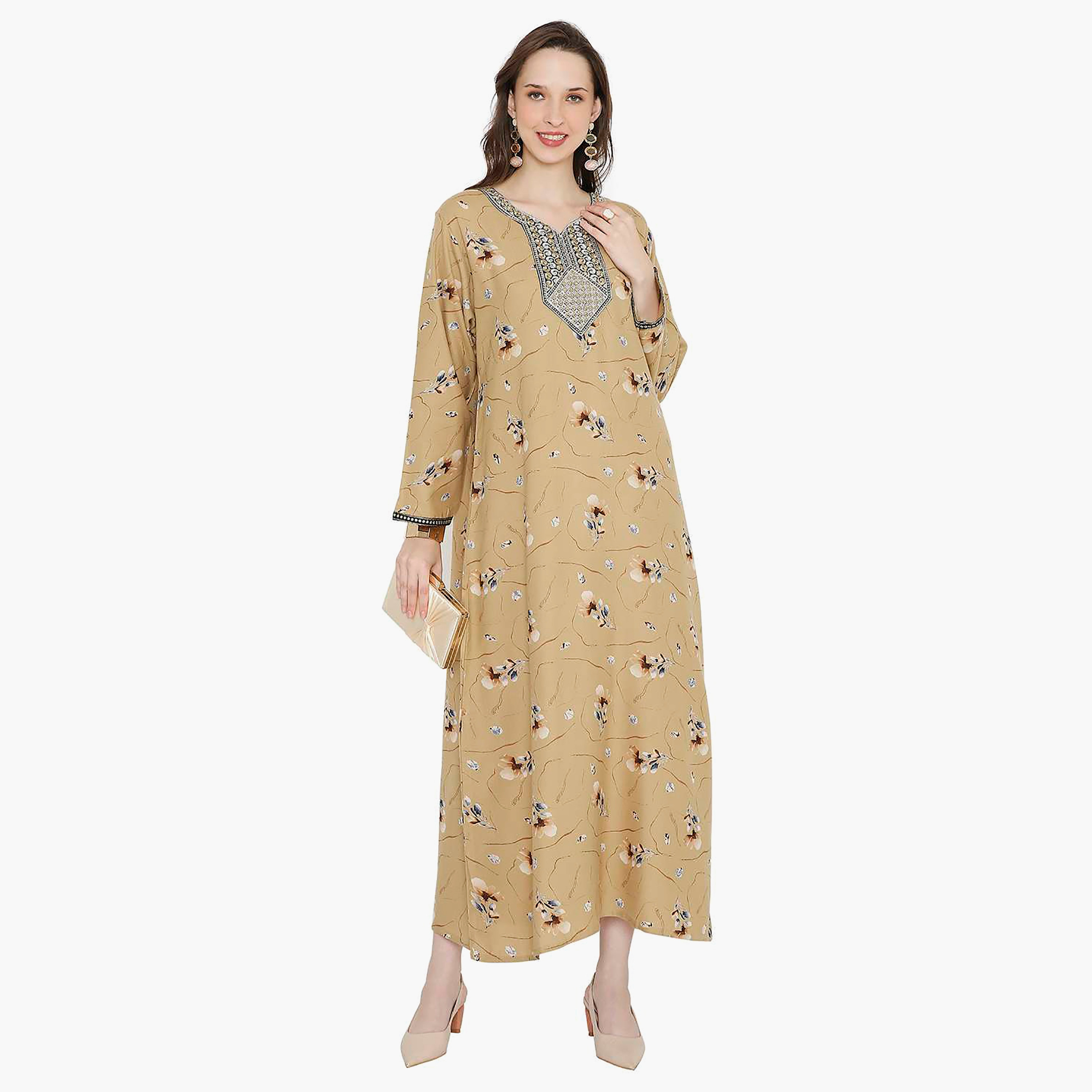 Hana & Sara Floral Embroidered Knot Neck Detail Women's Jalabiya-women-arabicclothing-jalabiyas-image-11