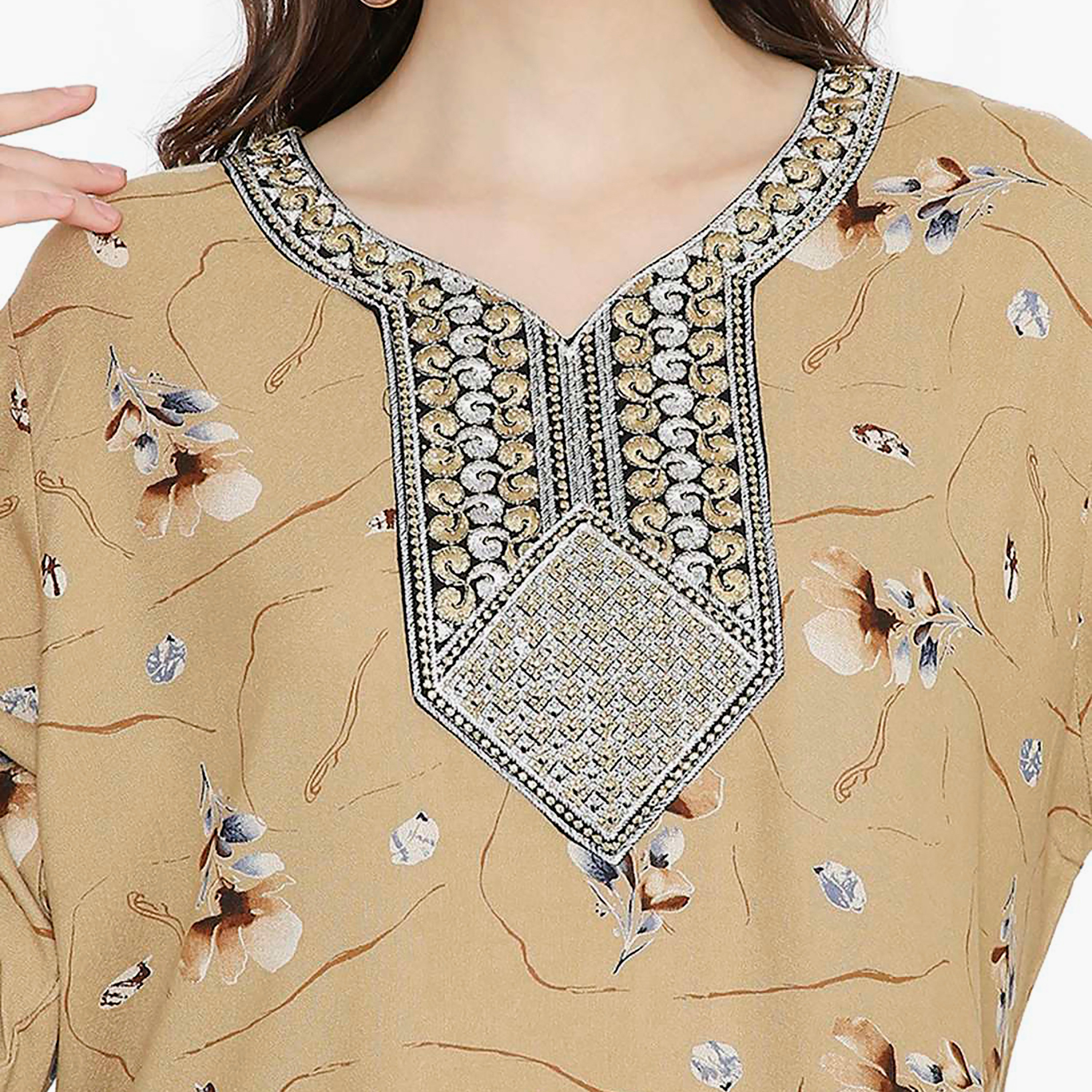 Hana & Sara Floral Embroidered Knot Neck Detail Women's Jalabiya-women-arabicclothing-jalabiyas-image-12