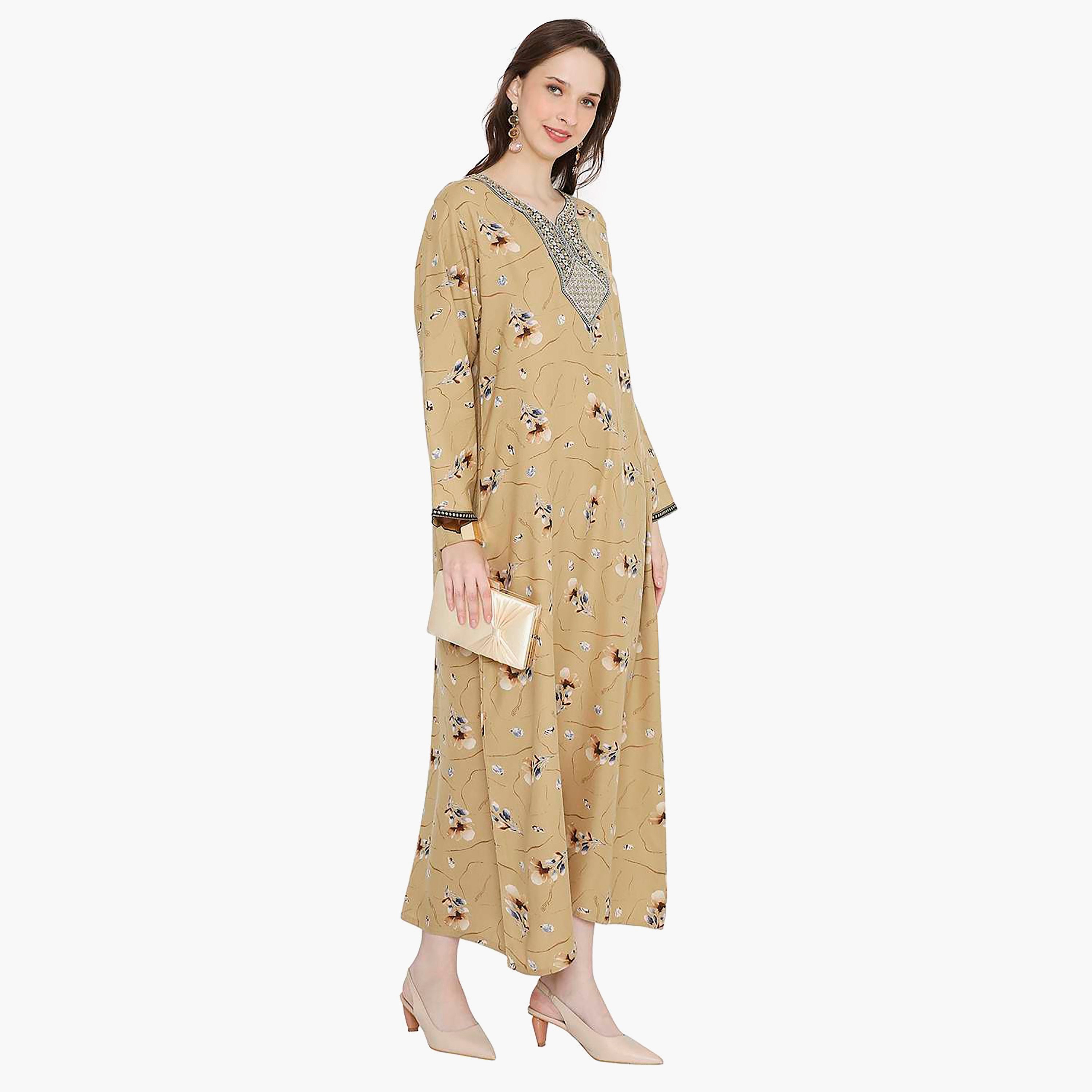 Hana & Sara Floral Embroidered Knot Neck Detail Women's Jalabiya-women-arabicclothing-jalabiyas-image-13