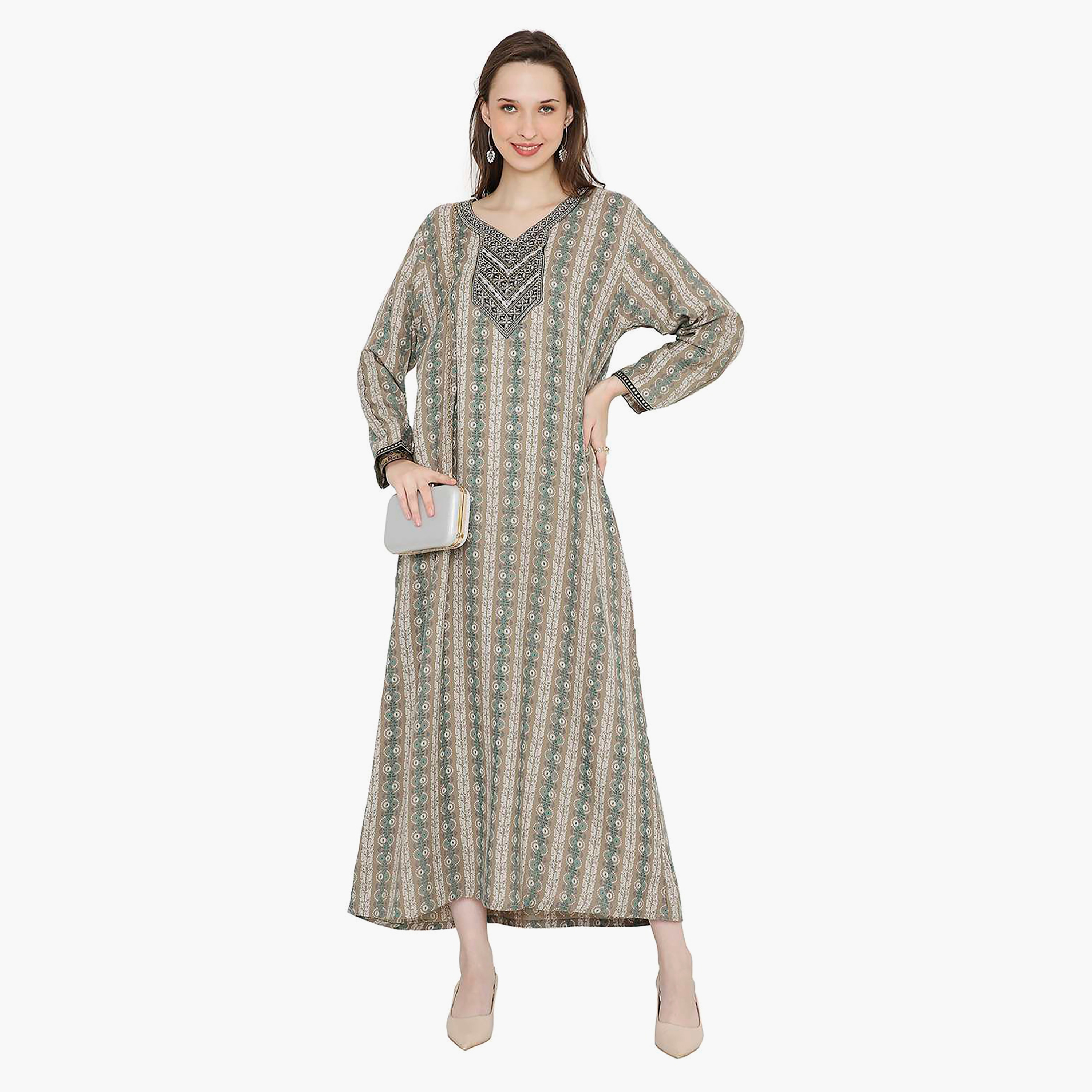 Hana & Sara Printed Embroidered Knot Neck Detail Women's Jalabiya-women-arabicclothing-jalabiyas-image-1