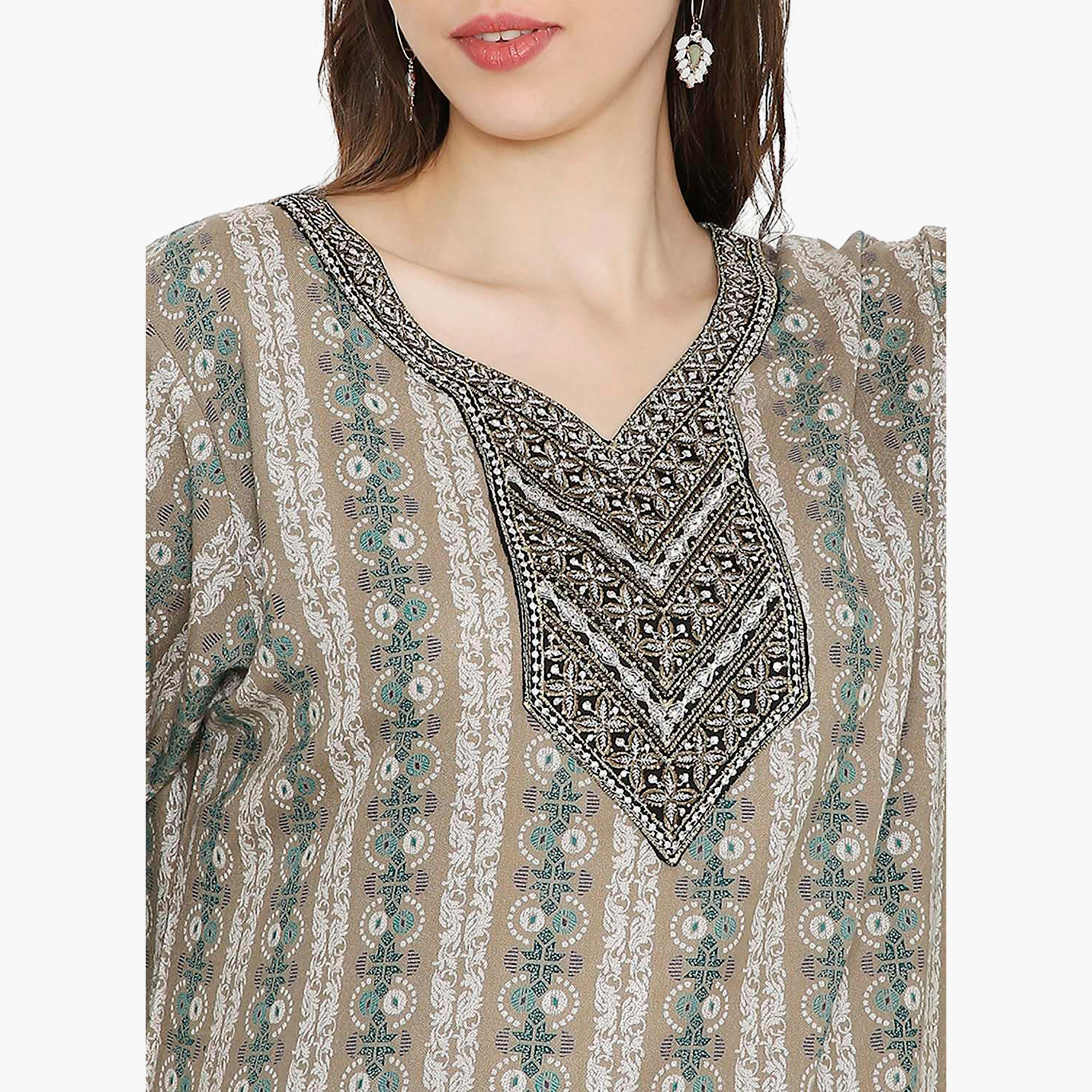 Hana & Sara Printed Embroidered Knot Neck Detail Women's Jalabiya-women-arabicclothing-jalabiyas-image-2