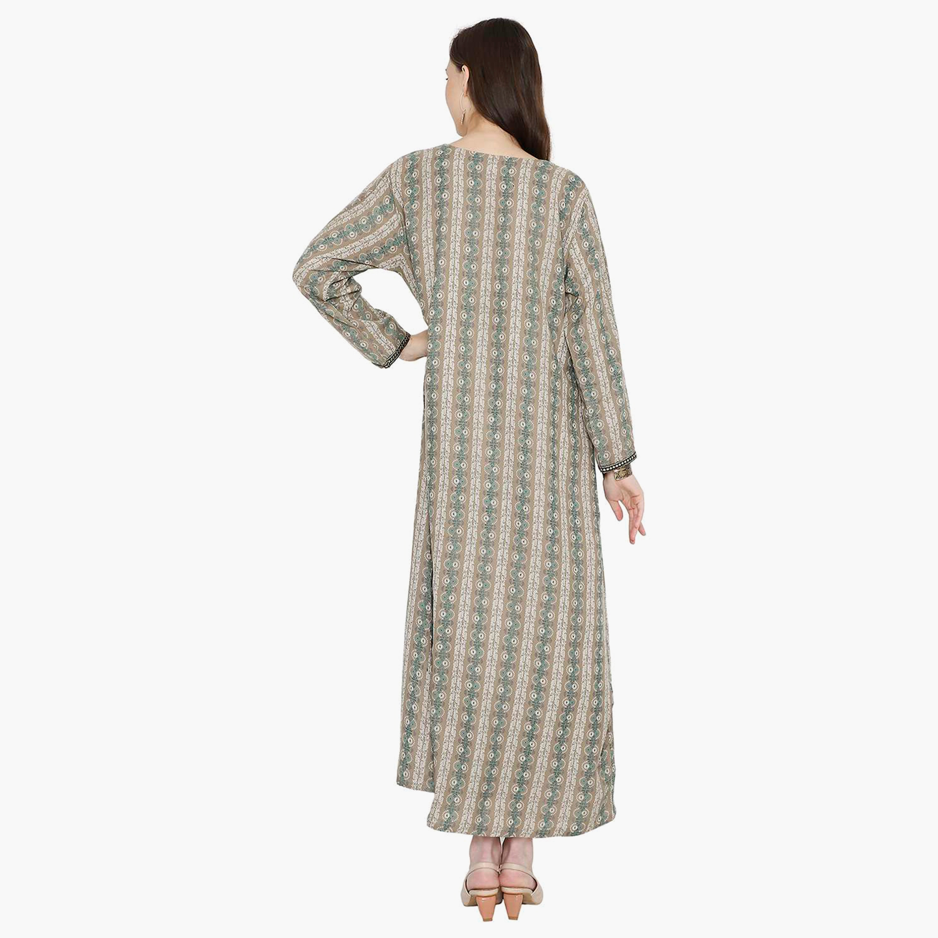 Hana & Sara Printed Embroidered Knot Neck Detail Women's Jalabiya-women-arabicclothing-jalabiyas-image-5