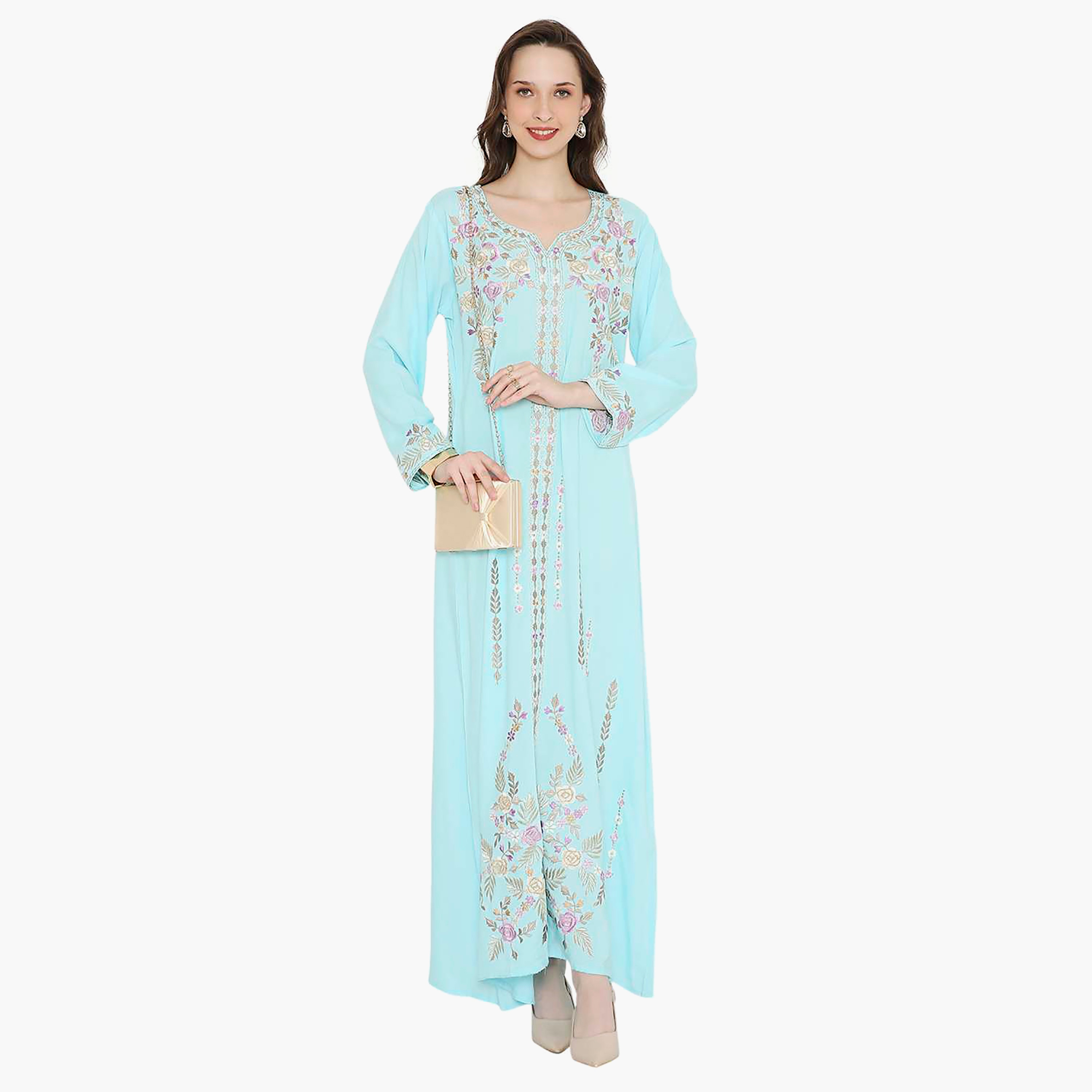 Hana & Sara Embroidered Designed Cuffed Sleeves Evening Women's Jalabiya-women-arabicclothing-jalabiyas-image-1
