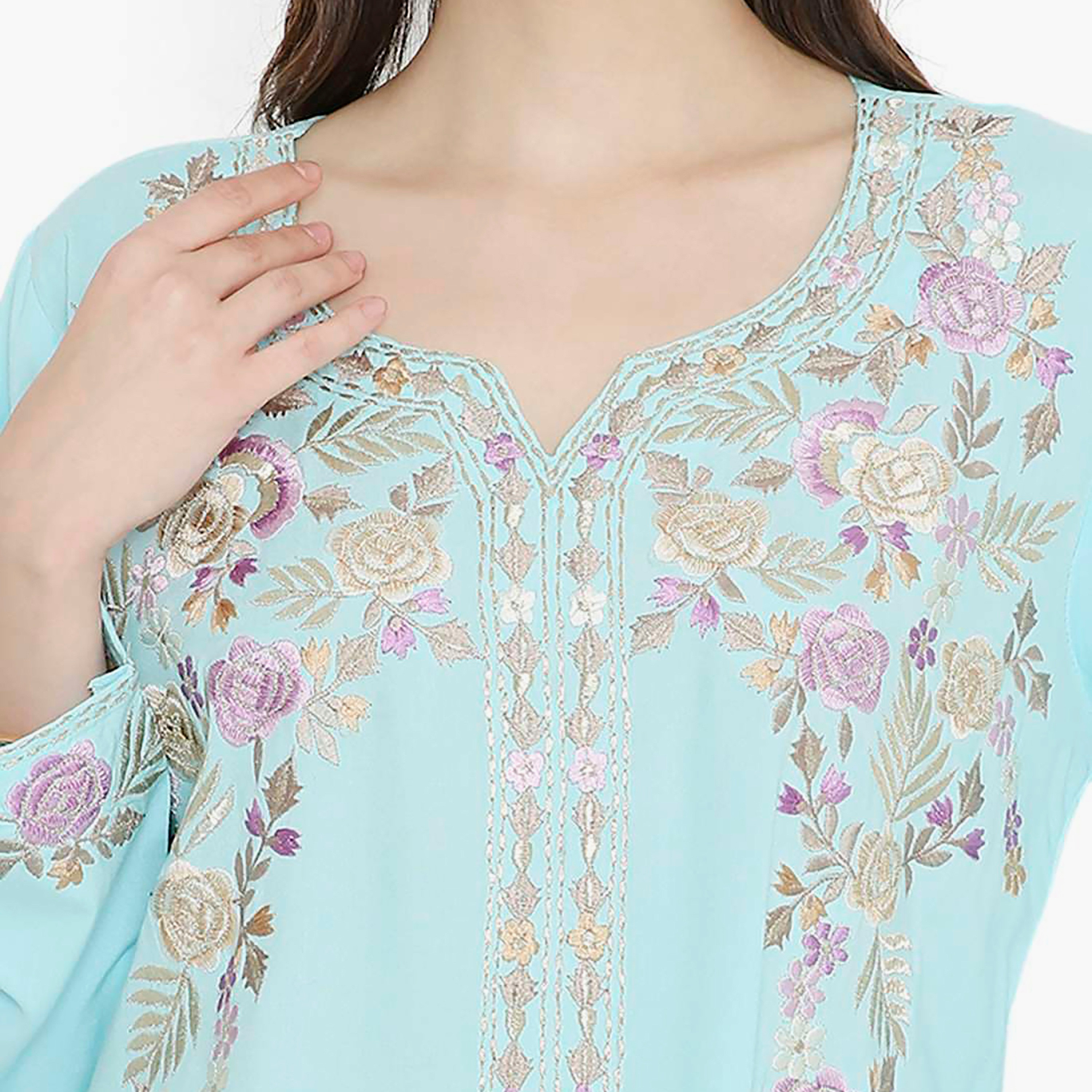 Hana & Sara Embroidered Designed Cuffed Sleeves Evening Women's Jalabiya-women-arabicclothing-jalabiyas-image-2