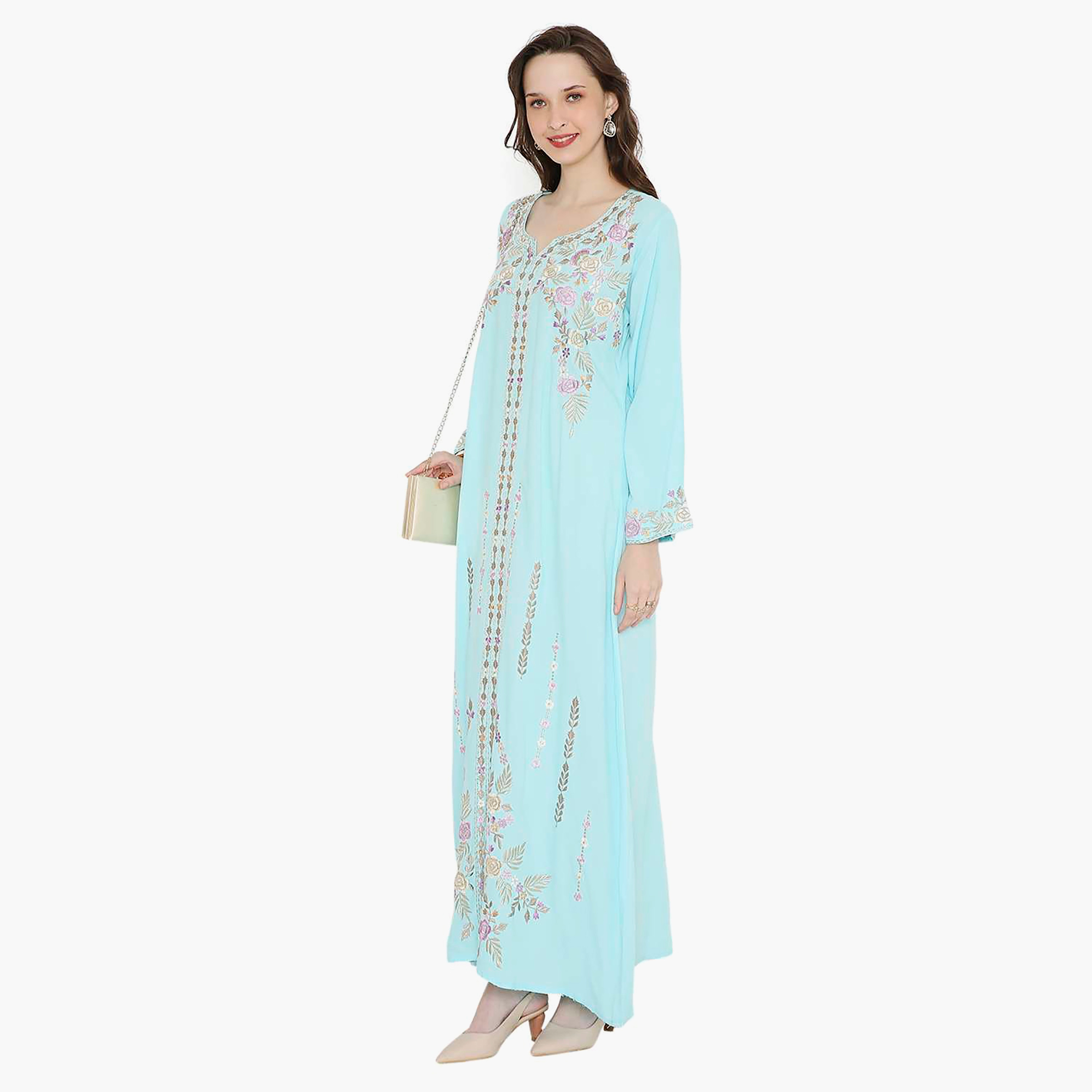 Hana & Sara Embroidered Designed Cuffed Sleeves Evening Women's Jalabiya-women-arabicclothing-jalabiyas-image-3