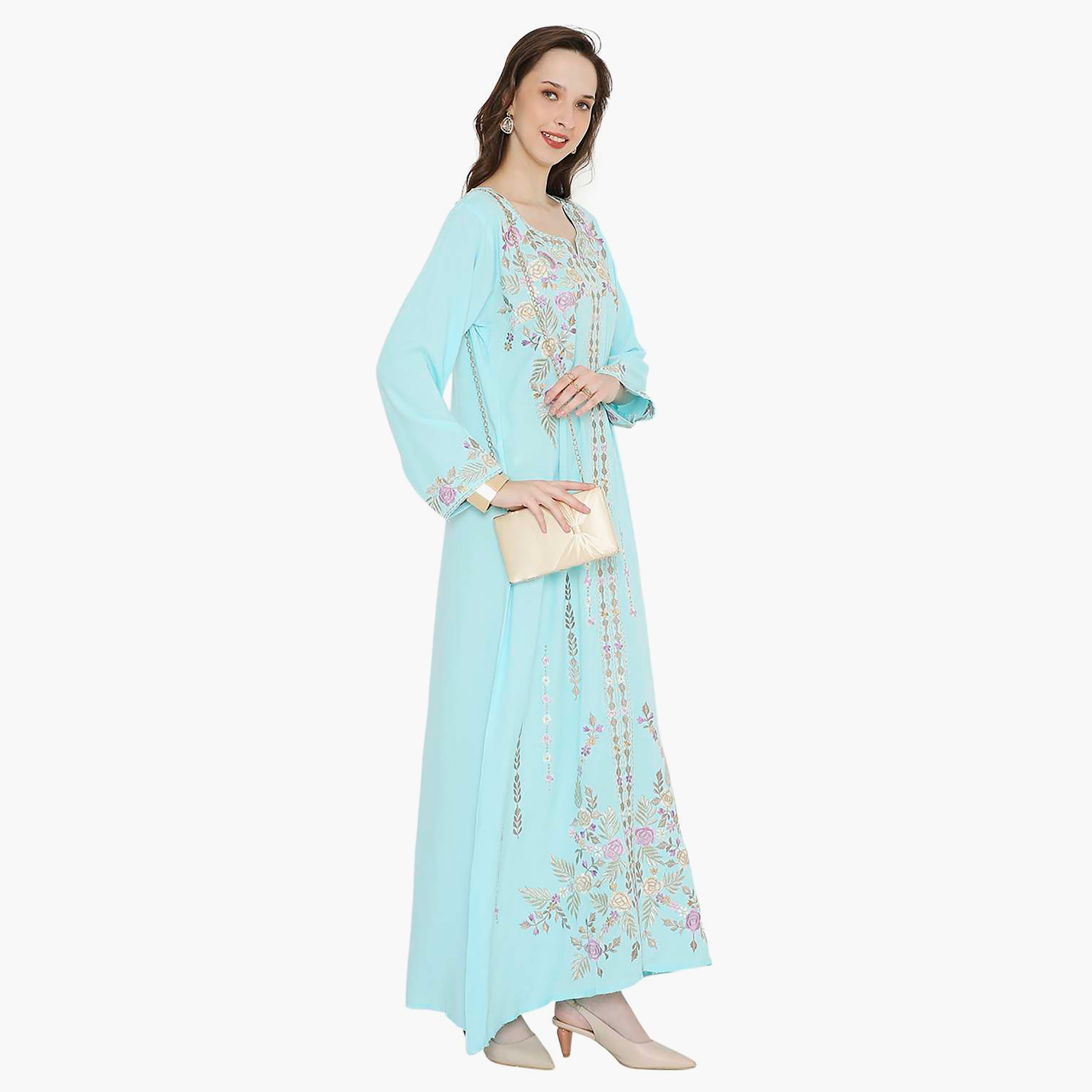 Hana & Sara Embroidered Designed Cuffed Sleeves Evening Women's Jalabiya-women-arabicclothing-jalabiyas-image-4