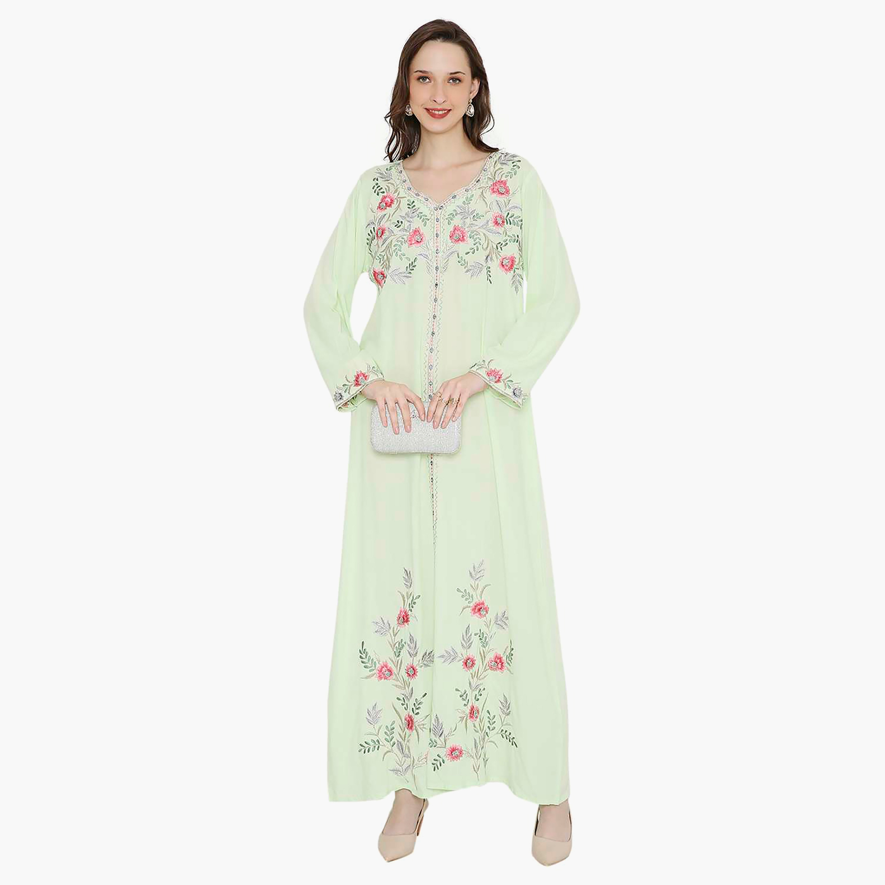 Hana & Sara Embroidered Designed Cuffed Sleeves Evening Women's Jalabiya-women-arabicclothing-jalabiyas-image-6