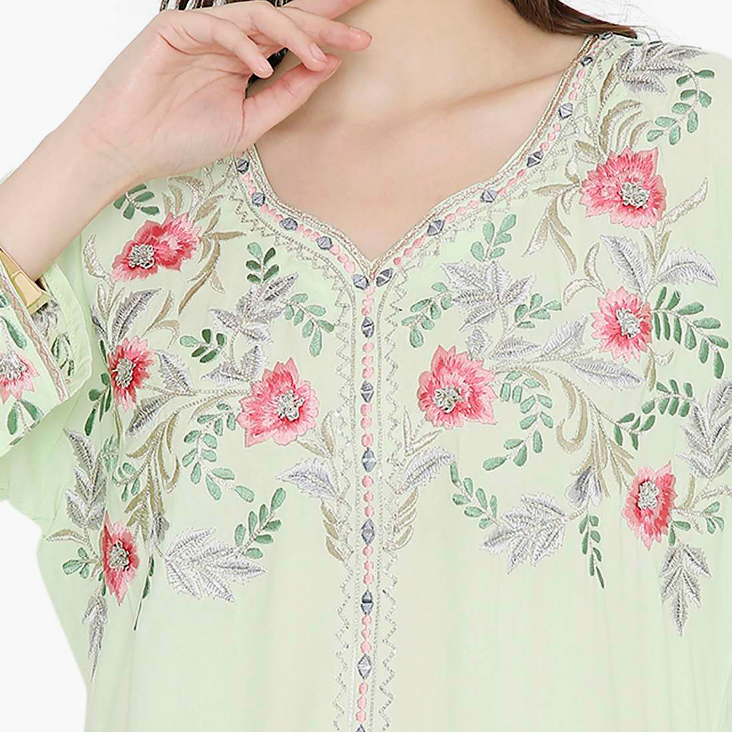 Hana & Sara Embroidered Designed Cuffed Sleeves Evening Women's Jalabiya-women-arabicclothing-jalabiyas-image-7
