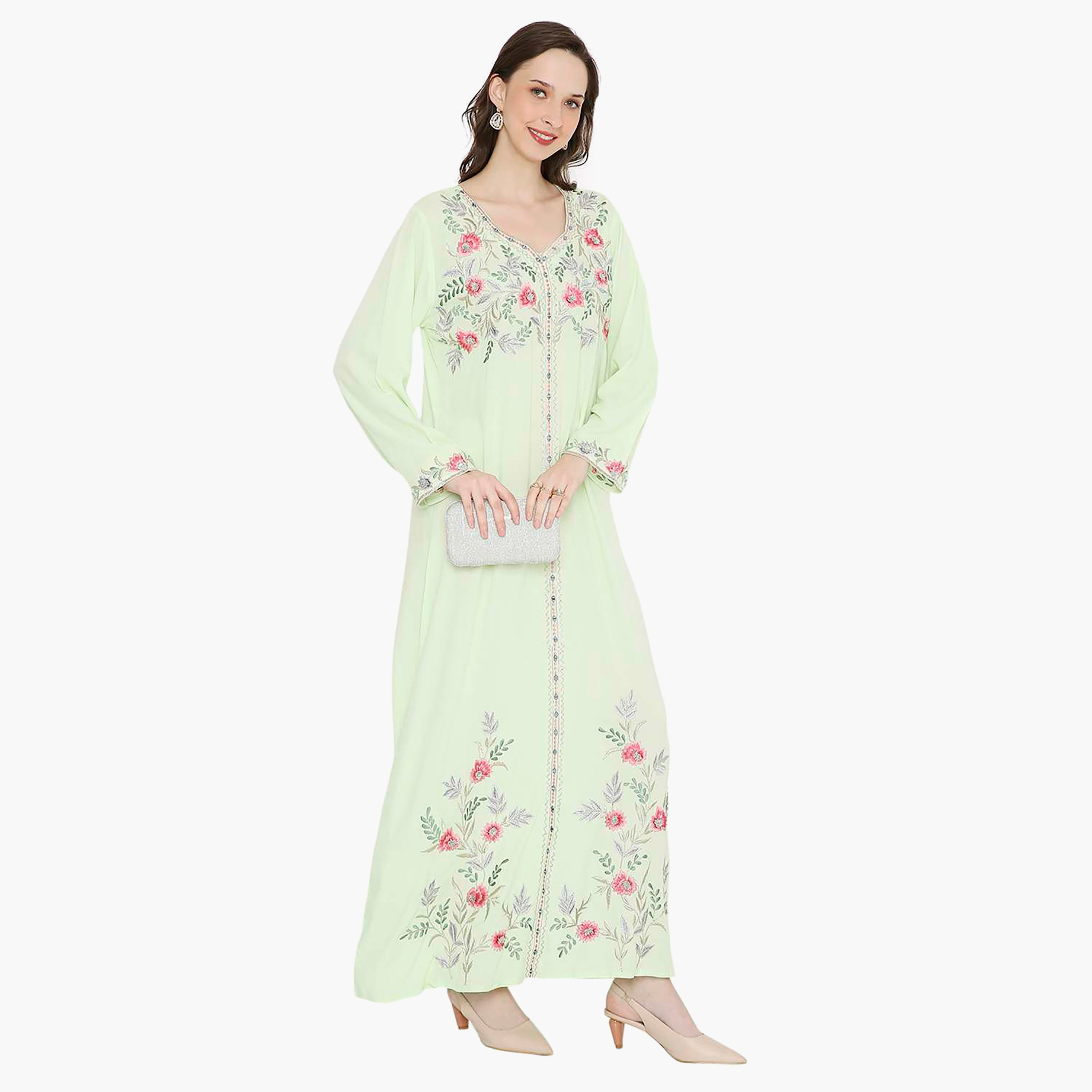 Hana & Sara Embroidered Designed Cuffed Sleeves Evening Women's Jalabiya-women-arabicclothing-jalabiyas-image-8