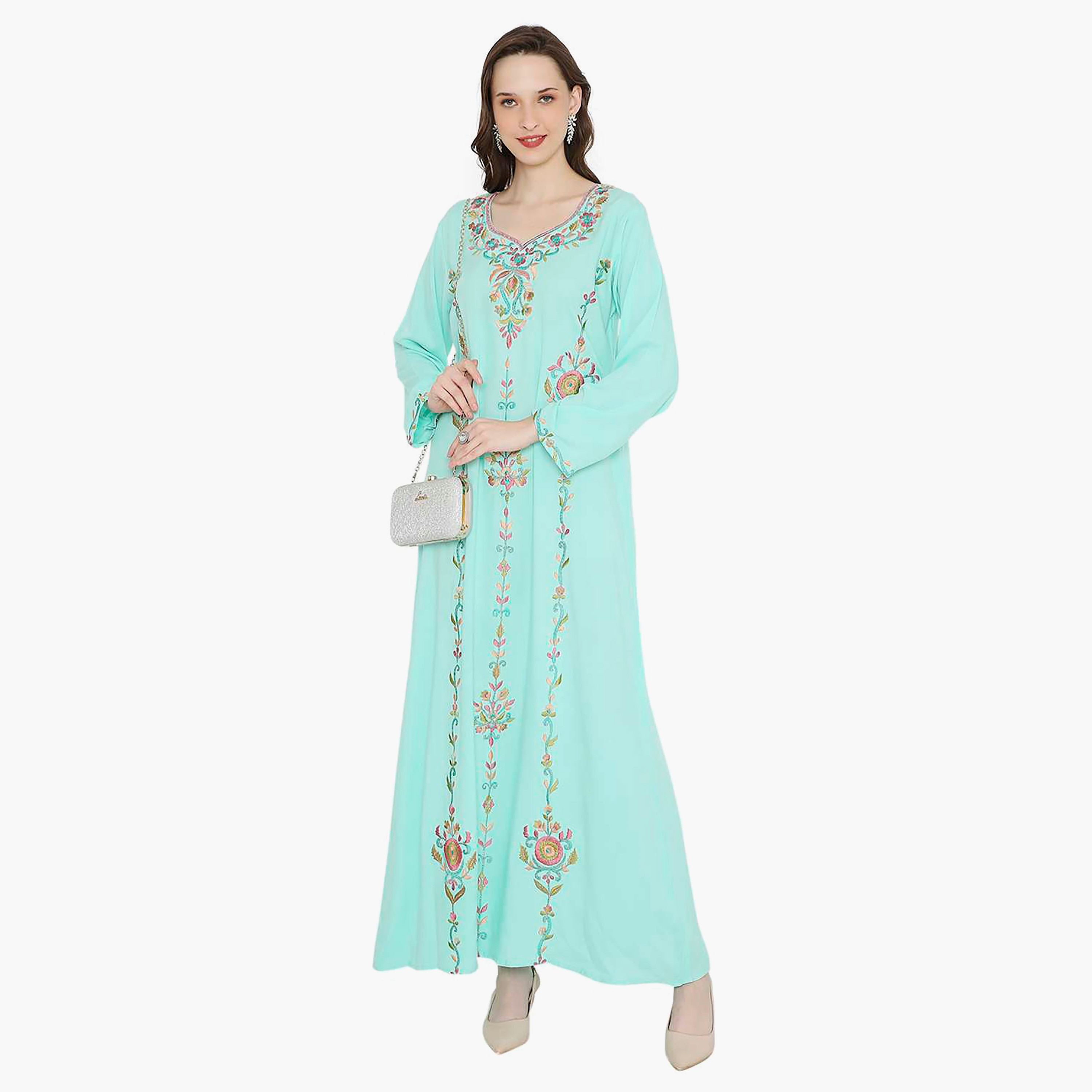 Hana & Sara Embroidered Designed Cuffed Sleeves Evening Women's Jalabiya-women-arabicclothing-jalabiyas-image-1