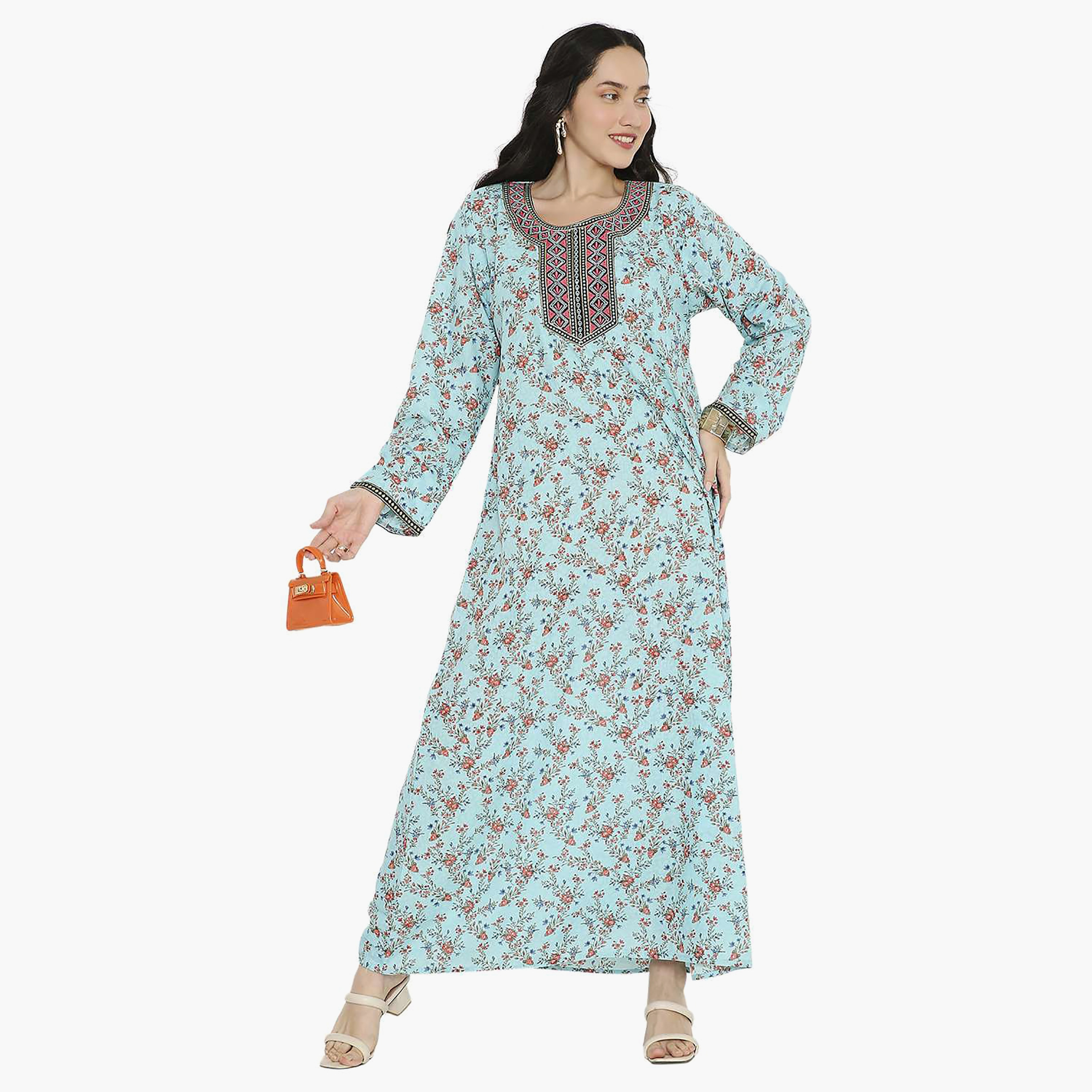 جلابية نسائية مطرزة بعقدة وتفاصيل رقبة على شكل زهور من هانا آند سارة-women-arabicclothing-jalabiyas-image-1