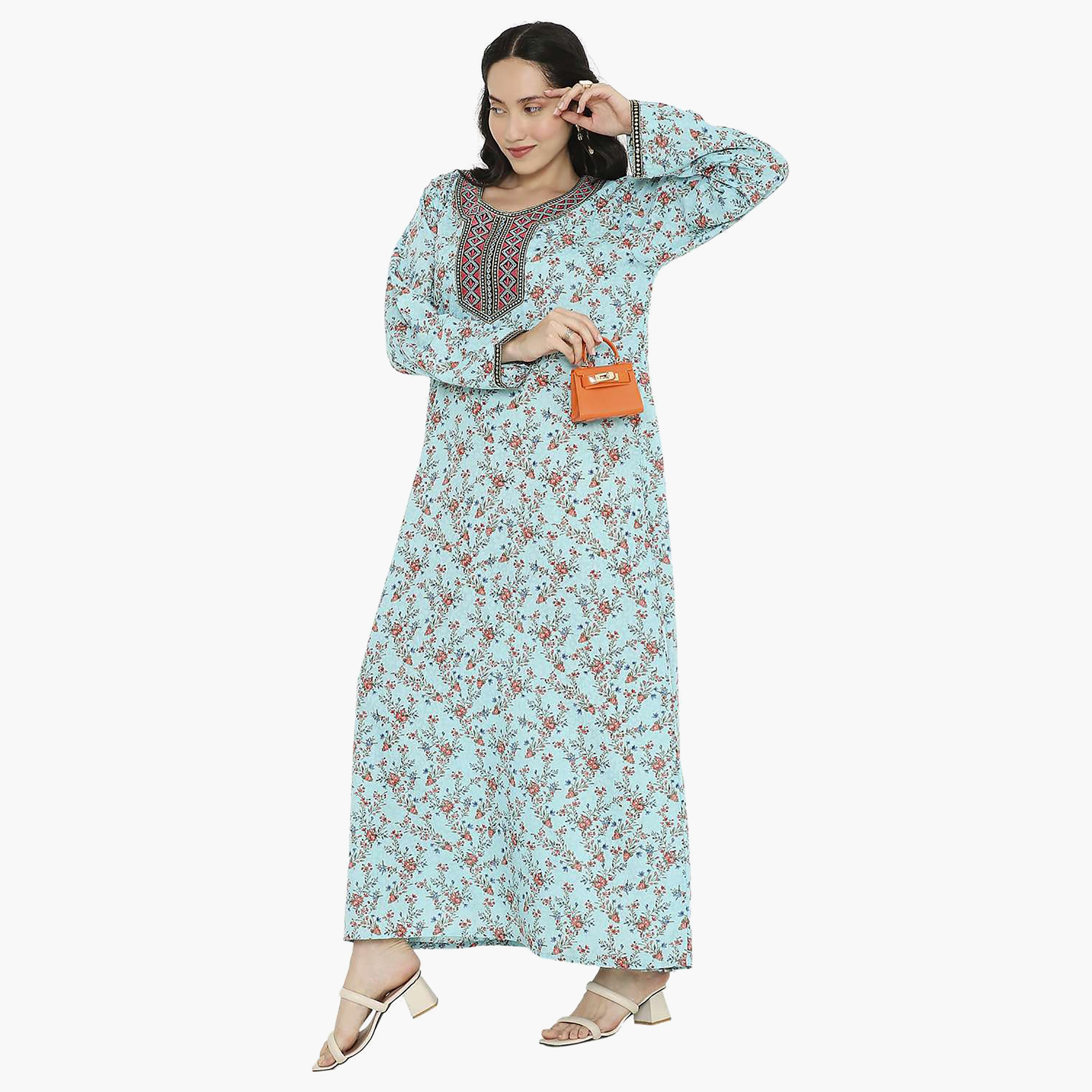 جلابية نسائية مطرزة بعقدة وتفاصيل رقبة على شكل زهور من هانا آند سارة-women-arabicclothing-jalabiyas-image-3