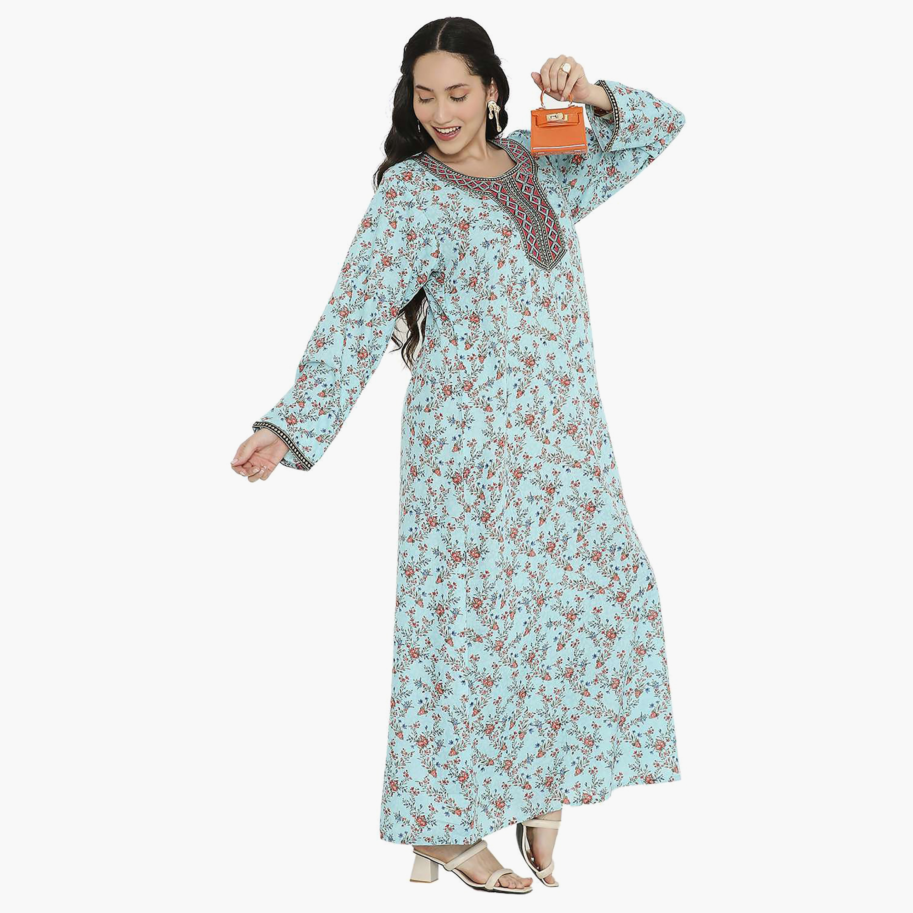 جلابية نسائية مطرزة بعقدة وتفاصيل رقبة على شكل زهور من هانا آند سارة-women-arabicclothing-jalabiyas-image-4