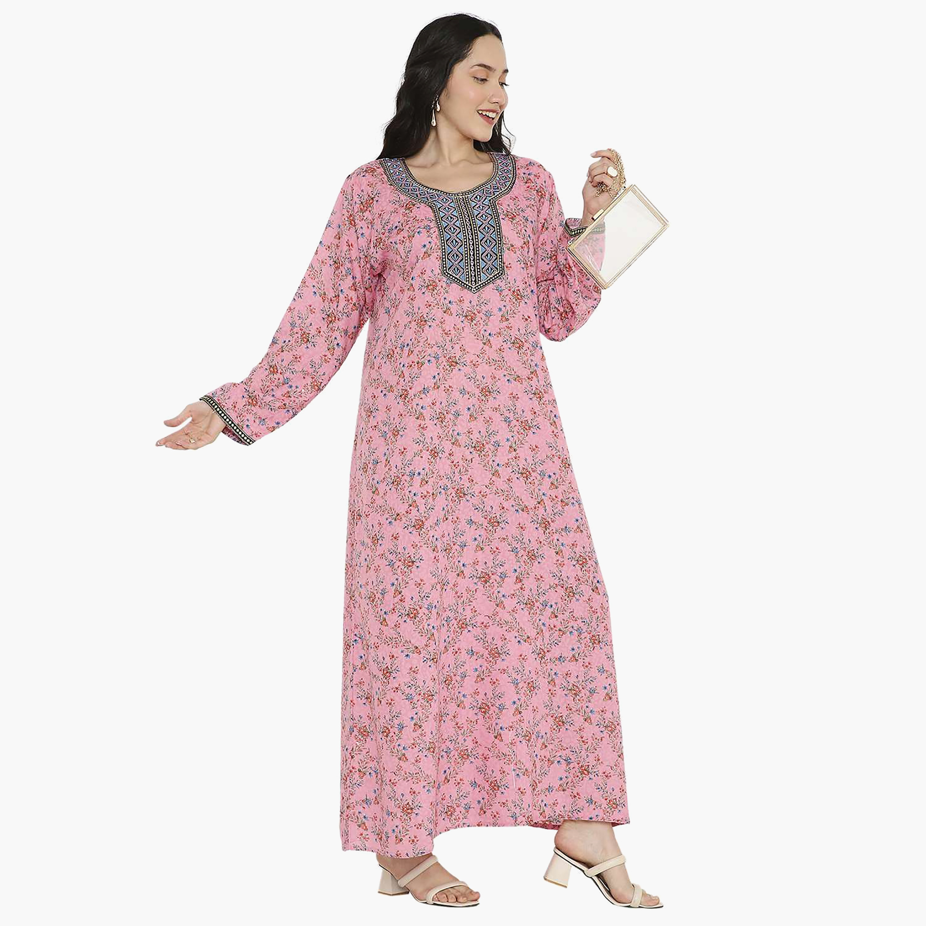 جلابية نسائية مطرزة بعقدة وتفاصيل رقبة على شكل زهور من هانا آند سارة-women-arabicclothing-jalabiyas-image-6