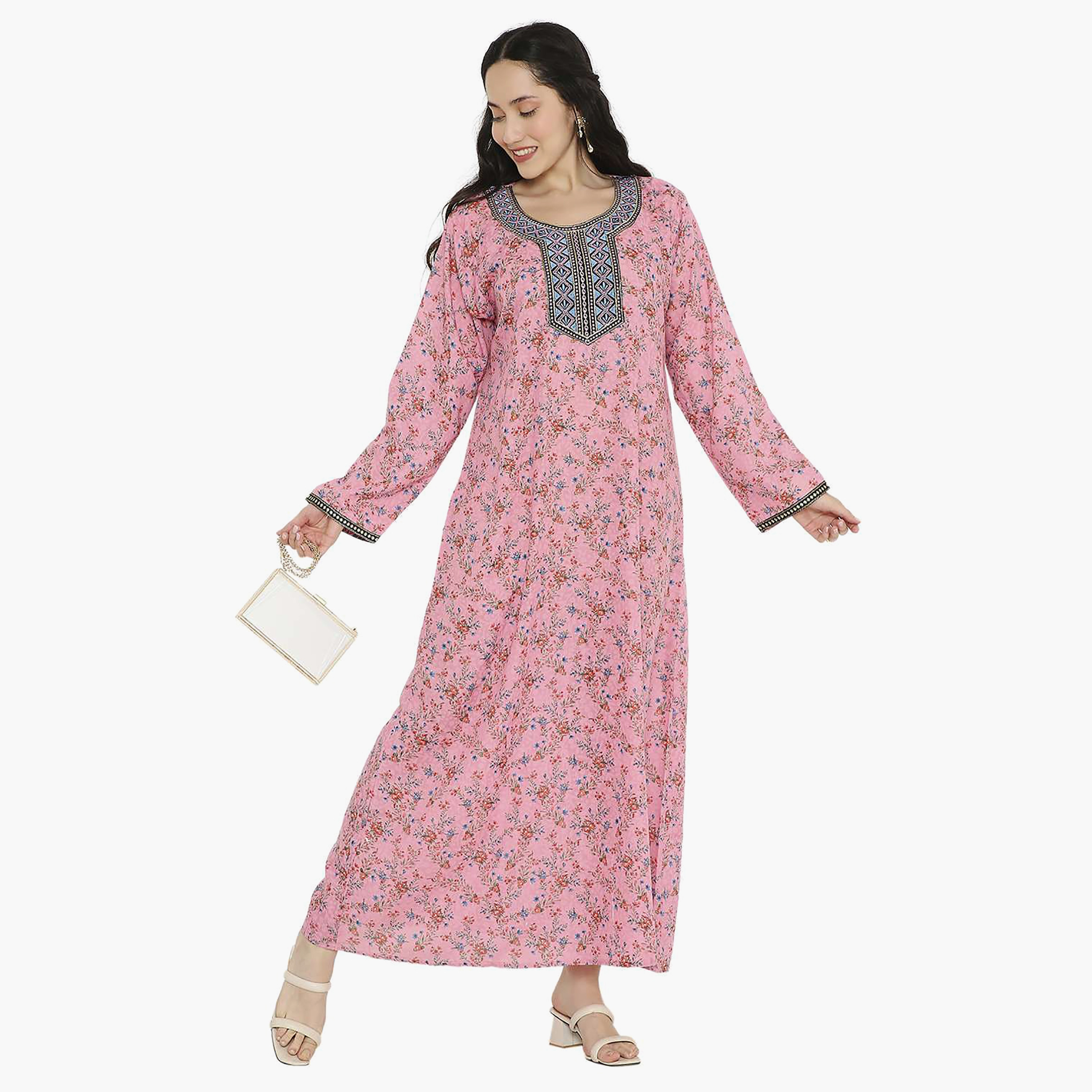 جلابية نسائية مطرزة بعقدة وتفاصيل رقبة على شكل زهور من هانا آند سارة-women-arabicclothing-jalabiyas-image-8