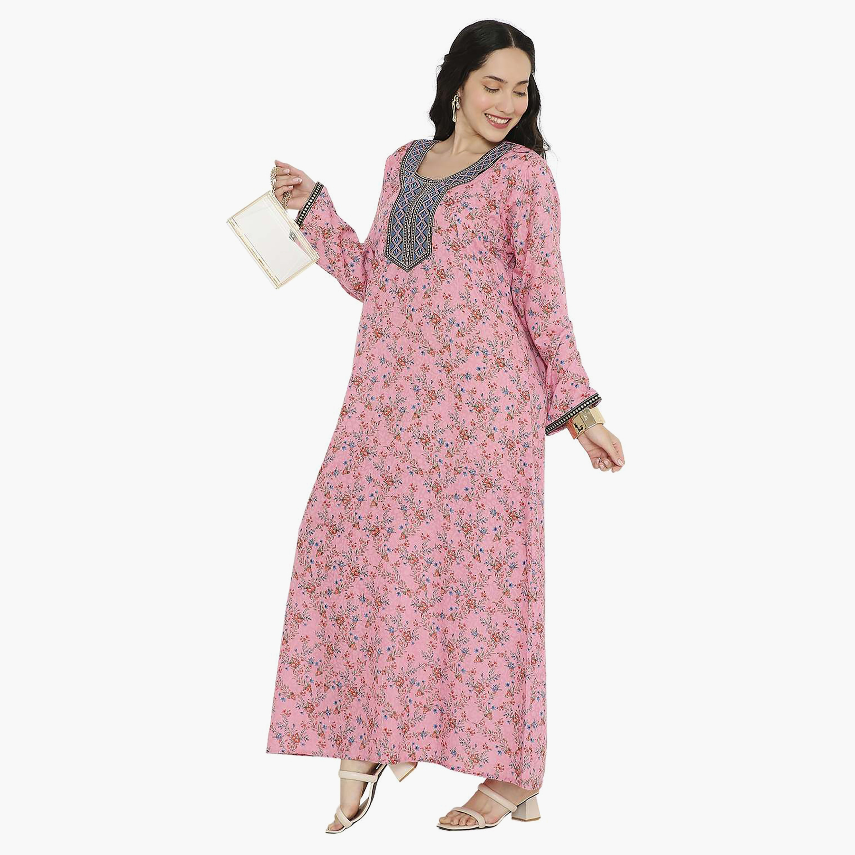 جلابية نسائية مطرزة بعقدة وتفاصيل رقبة على شكل زهور من هانا آند سارة-women-arabicclothing-jalabiyas-image-9