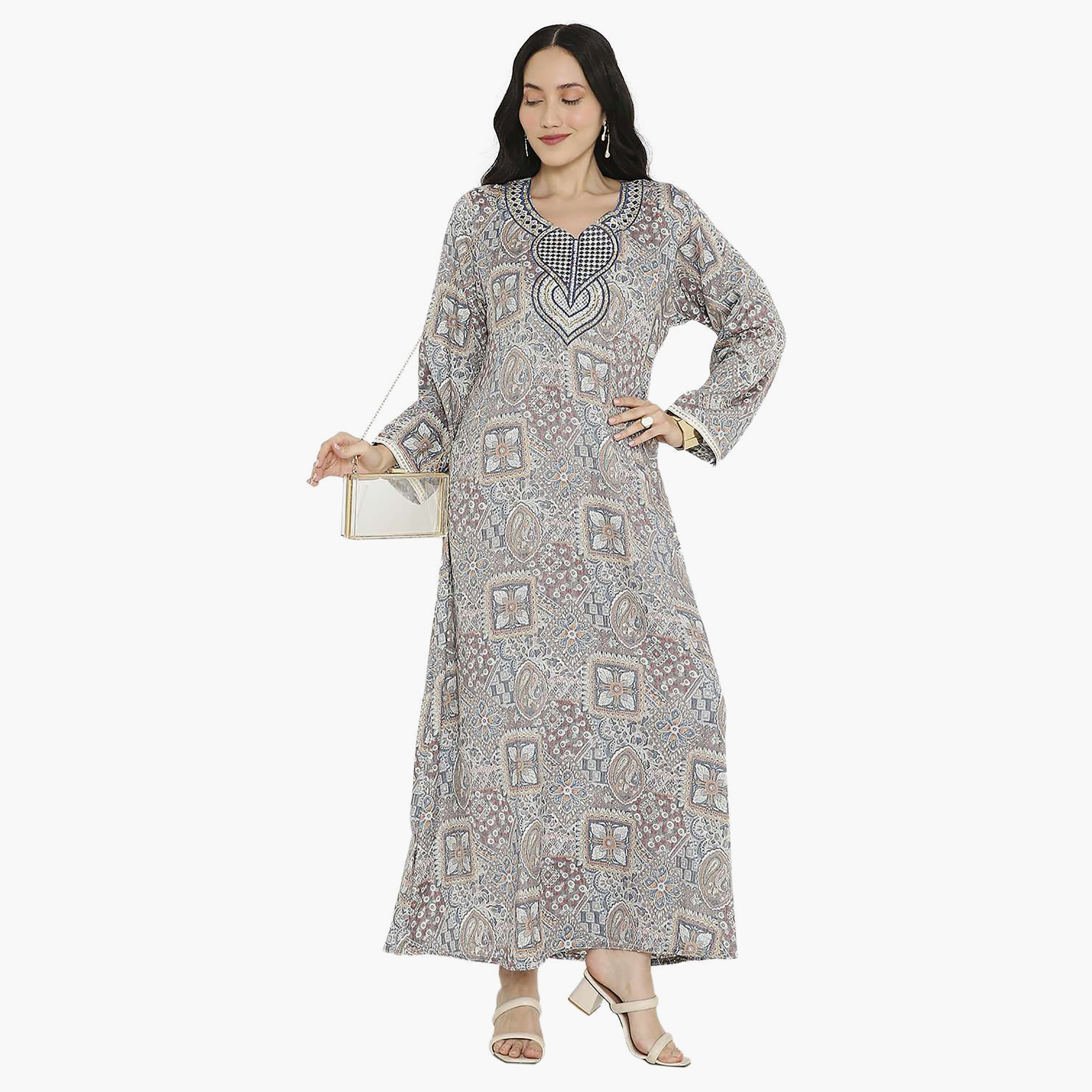 Hana & Sara Printed Embroidered Knot Neck Detail Women's Jalabiya-women-arabicclothing-jalabiyas-image-2