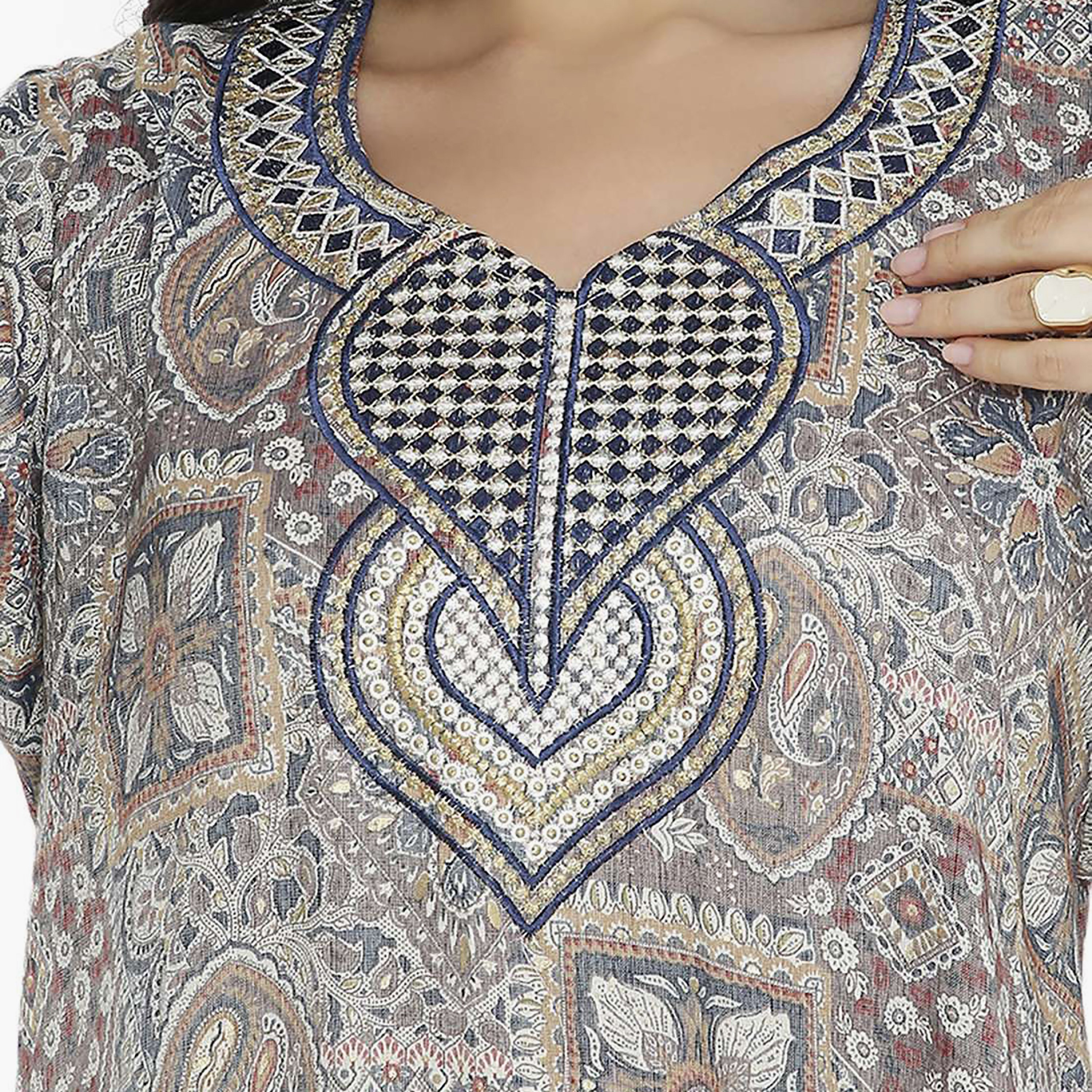 Hana & Sara Printed Embroidered Knot Neck Detail Women's Jalabiya-women-arabicclothing-jalabiyas-image-3