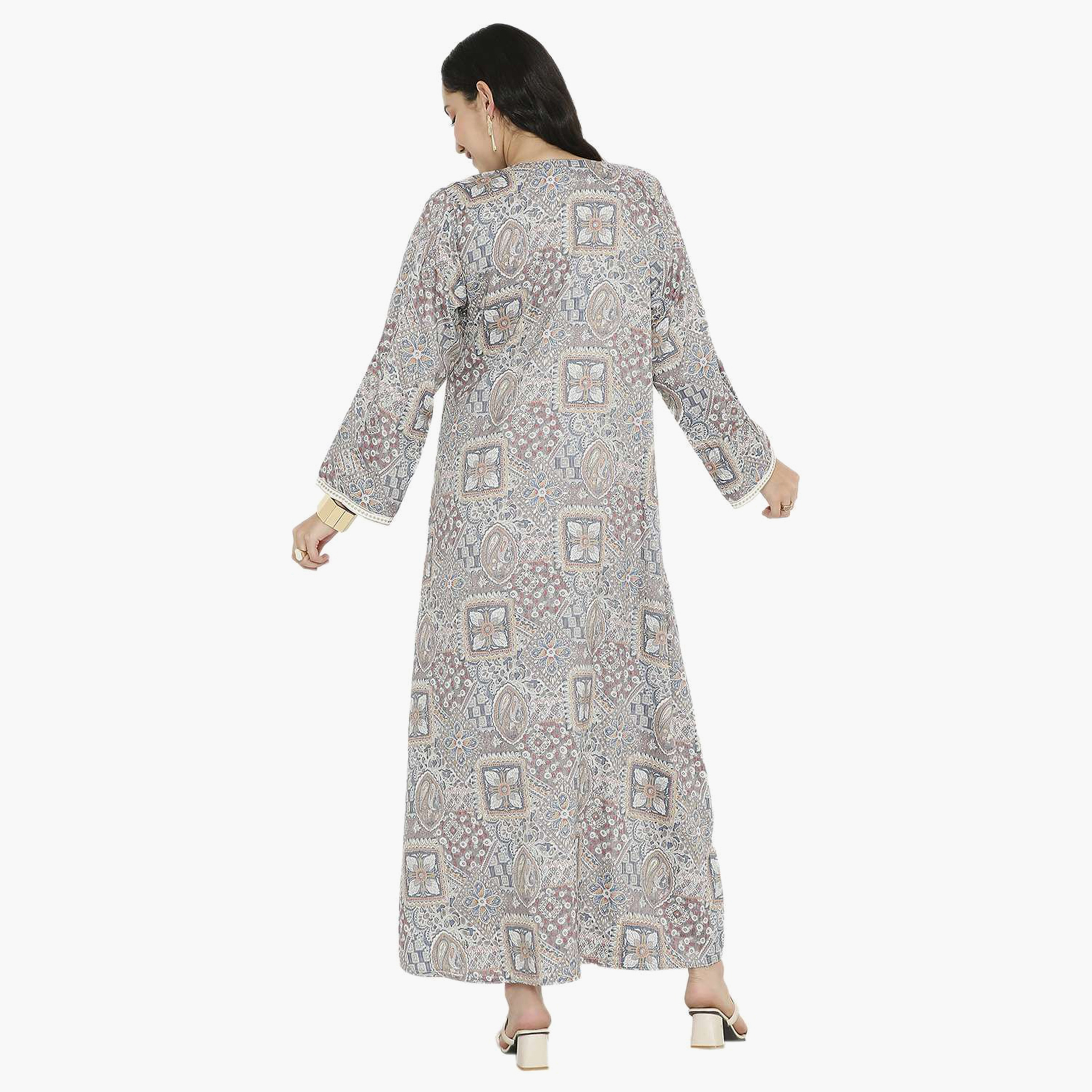 Hana & Sara Printed Embroidered Knot Neck Detail Women's Jalabiya-women-arabicclothing-jalabiyas-image-6