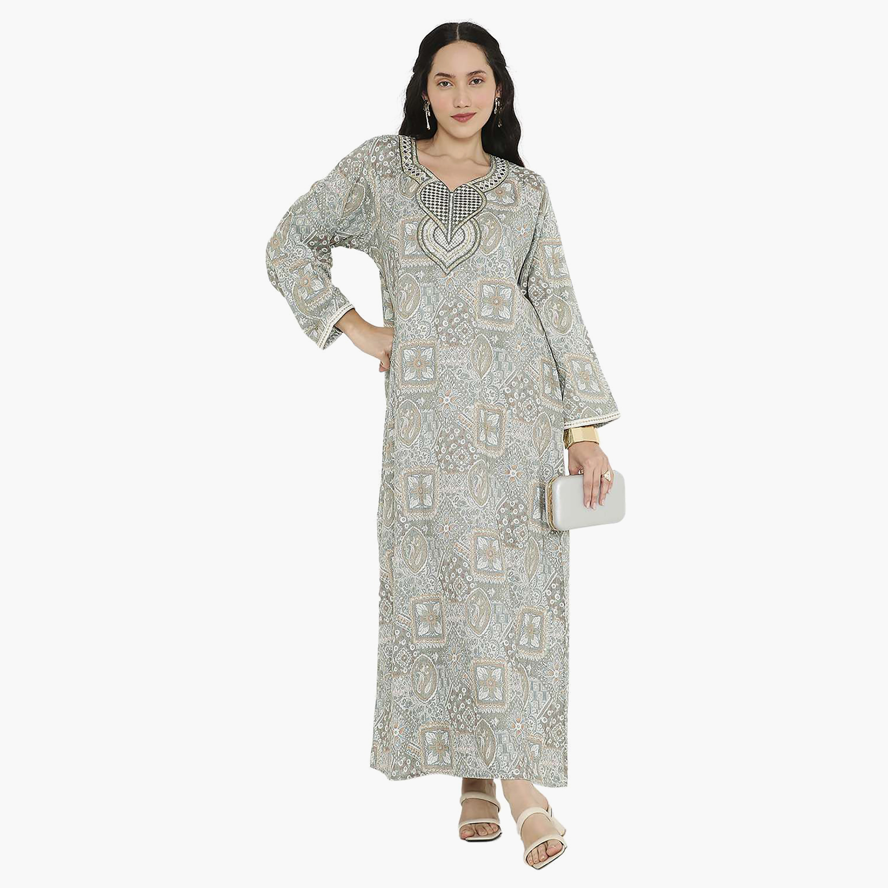 Hana & Sara Printed Embroidered Knot Neck Detail Women's Jalabiya-women-arabicclothing-jalabiyas-image-7
