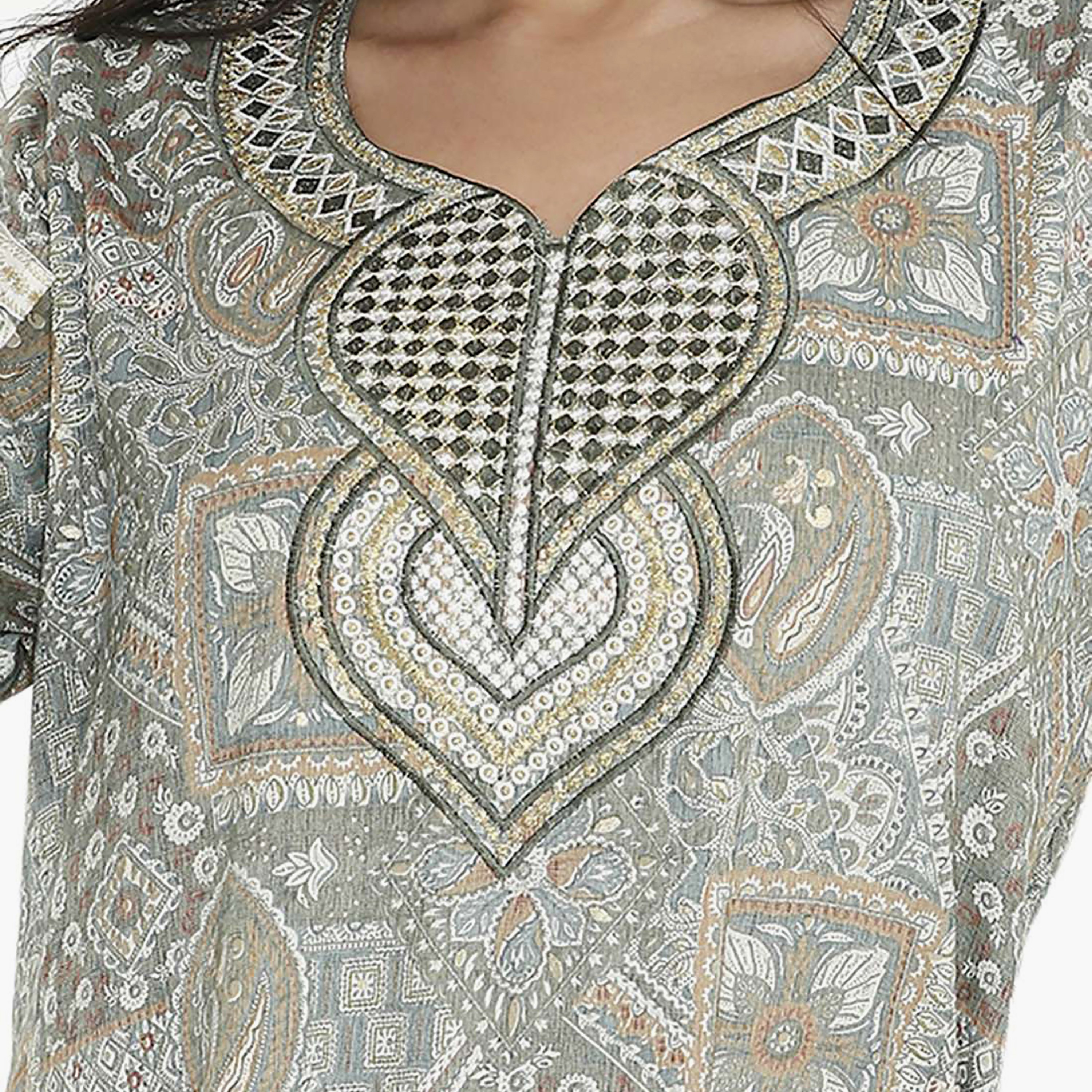 Hana & Sara Printed Embroidered Knot Neck Detail Women's Jalabiya-women-arabicclothing-jalabiyas-image-8