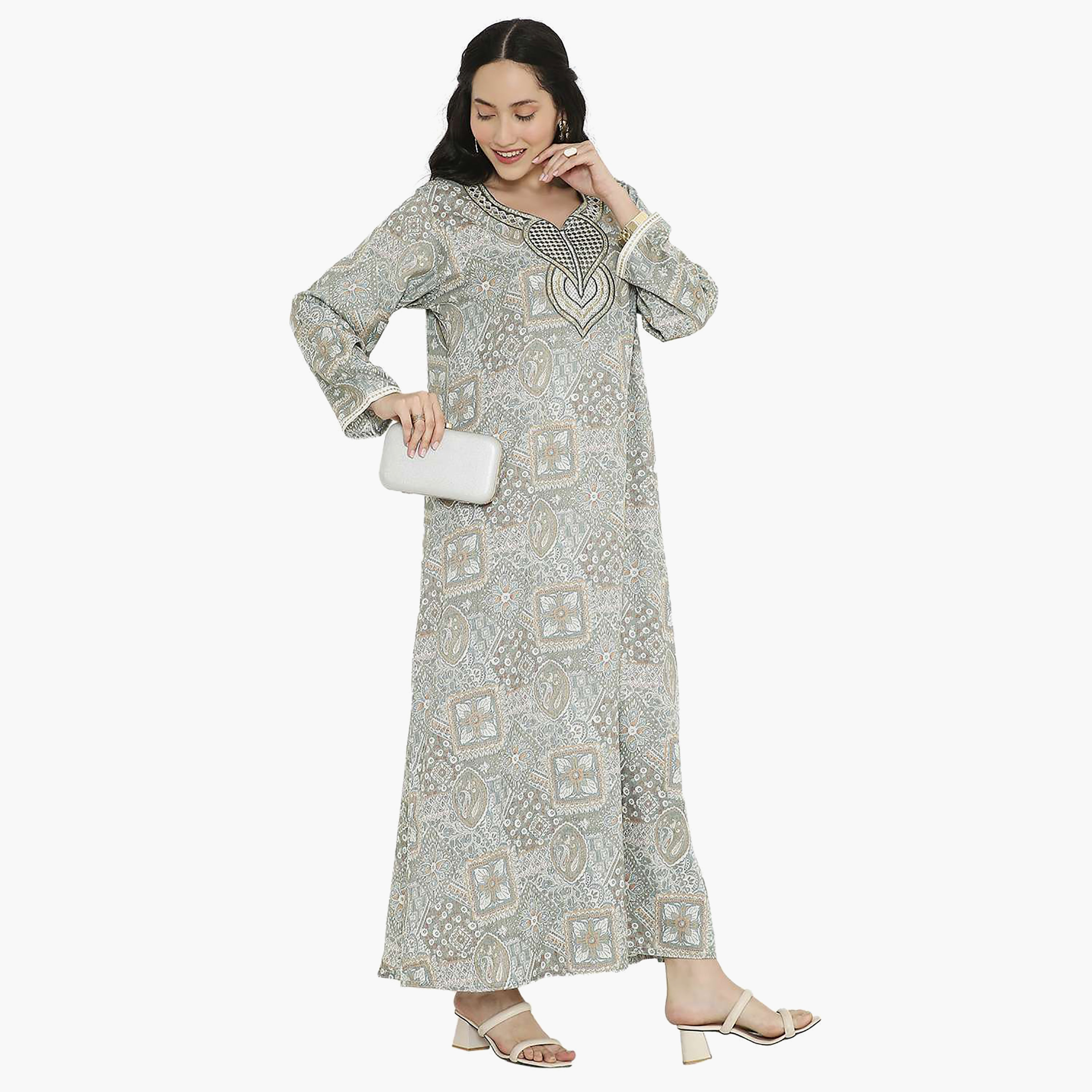 Hana & Sara Printed Embroidered Knot Neck Detail Women's Jalabiya-women-arabicclothing-jalabiyas-image-9