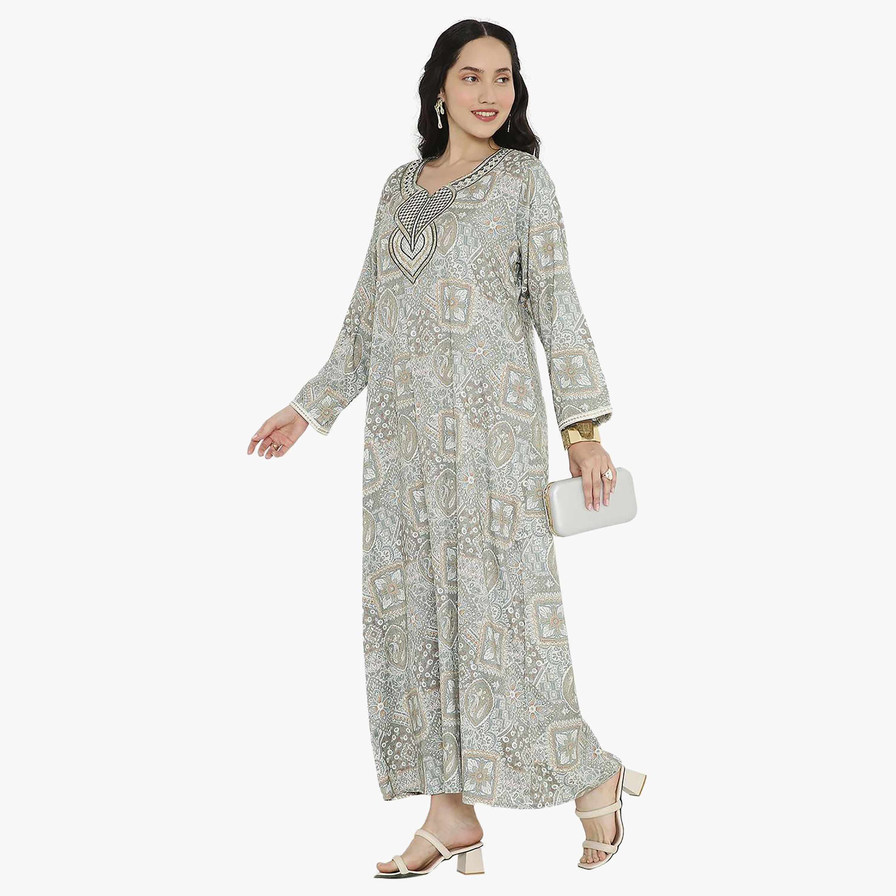 Hana & Sara Printed Embroidered Knot Neck Detail Women's Jalabiya-women-arabicclothing-jalabiyas-image-10