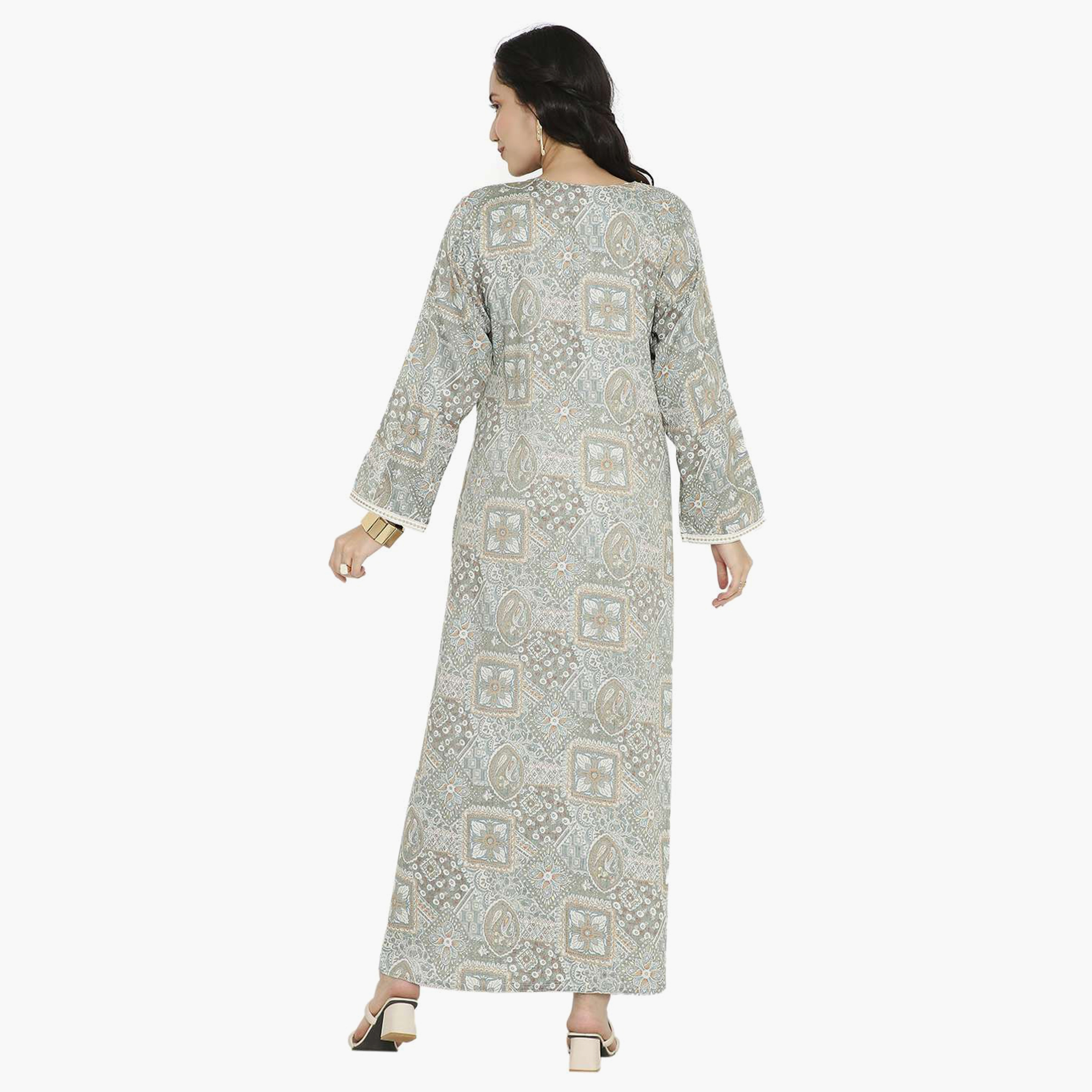 Hana & Sara Printed Embroidered Knot Neck Detail Women's Jalabiya-women-arabicclothing-jalabiyas-image-11