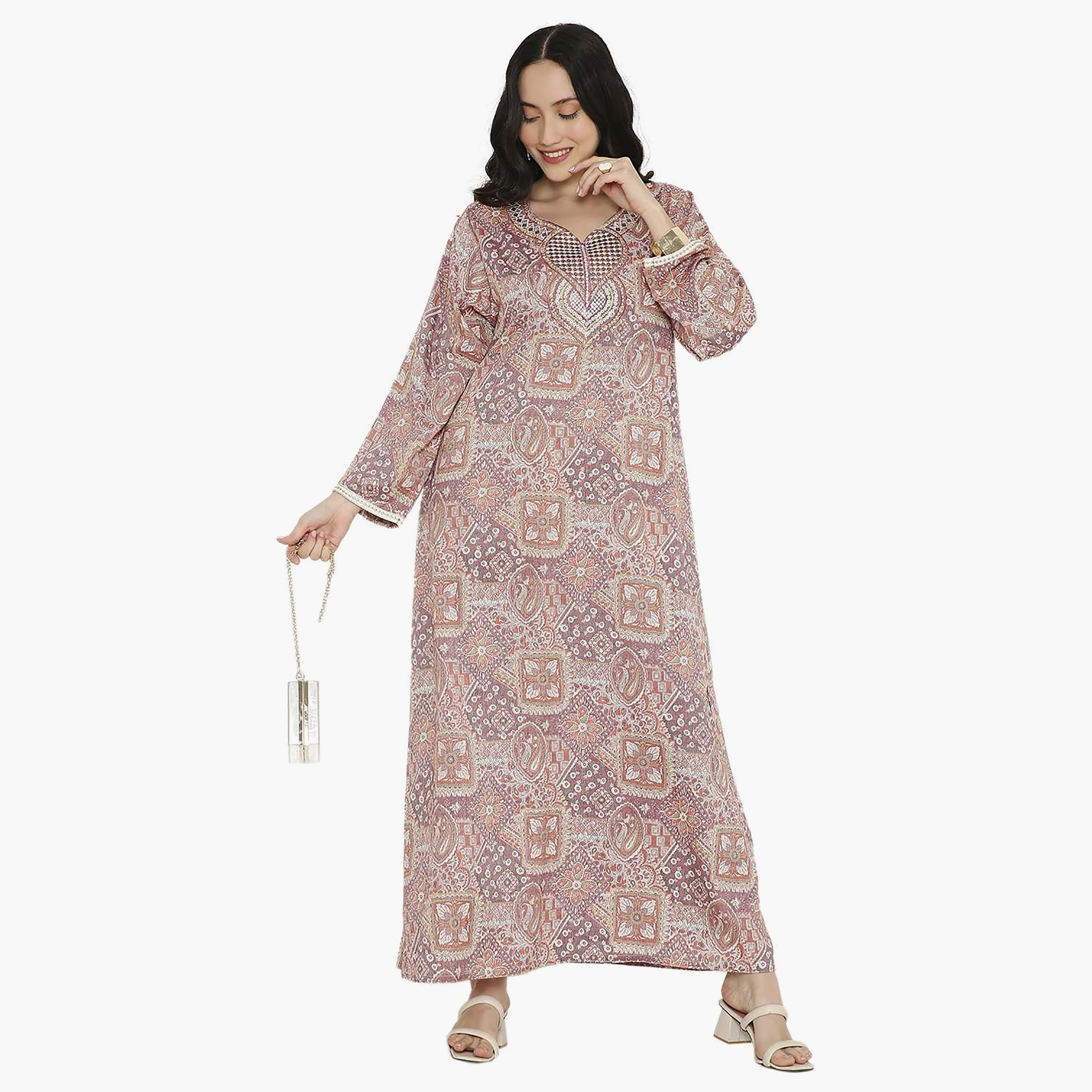 Hana & Sara Printed Embroidered Knot Neck Detail Women's Jalabiya-women-arabicclothing-jalabiyas-image-12