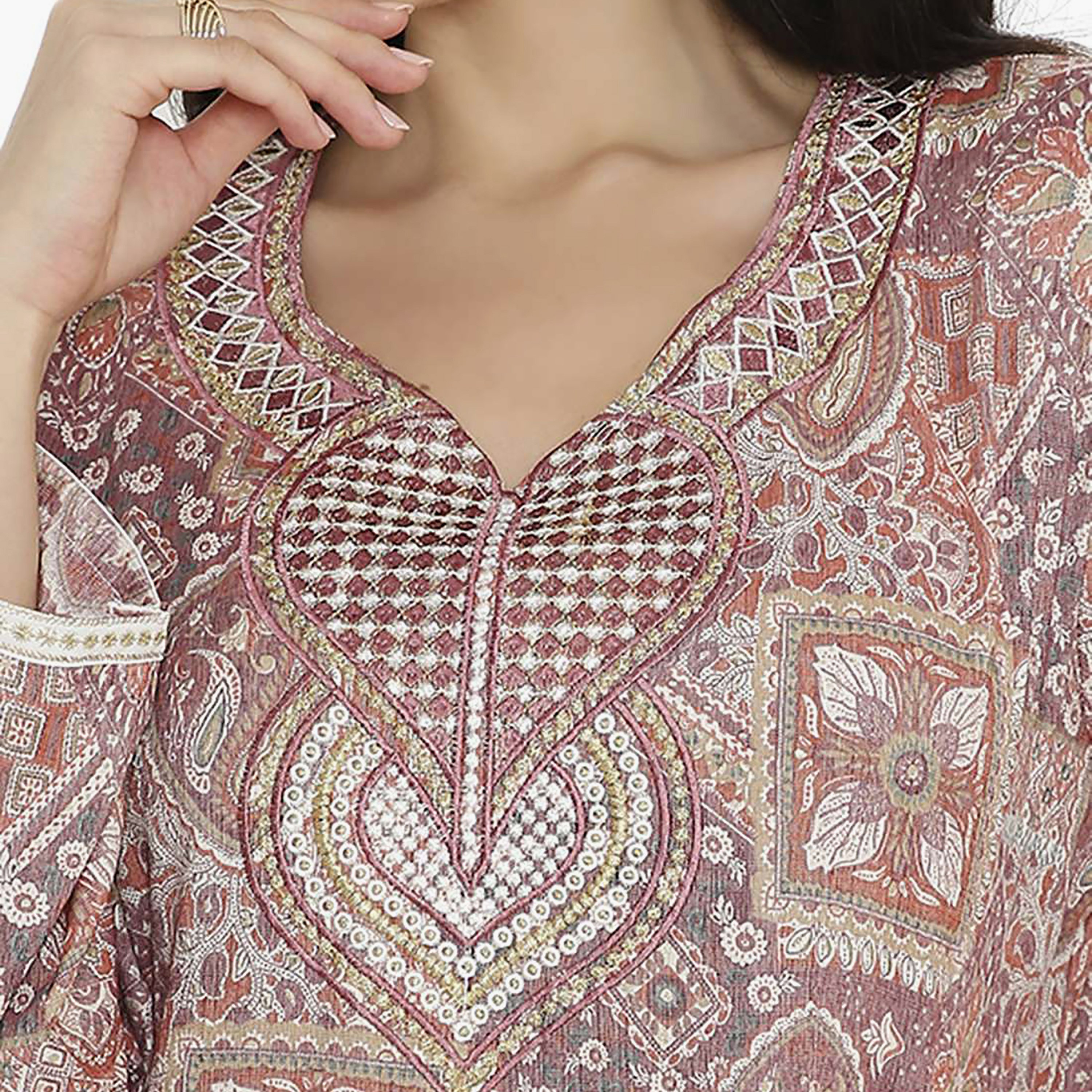 Hana & Sara Printed Embroidered Knot Neck Detail Women's Jalabiya-women-arabicclothing-jalabiyas-image-13