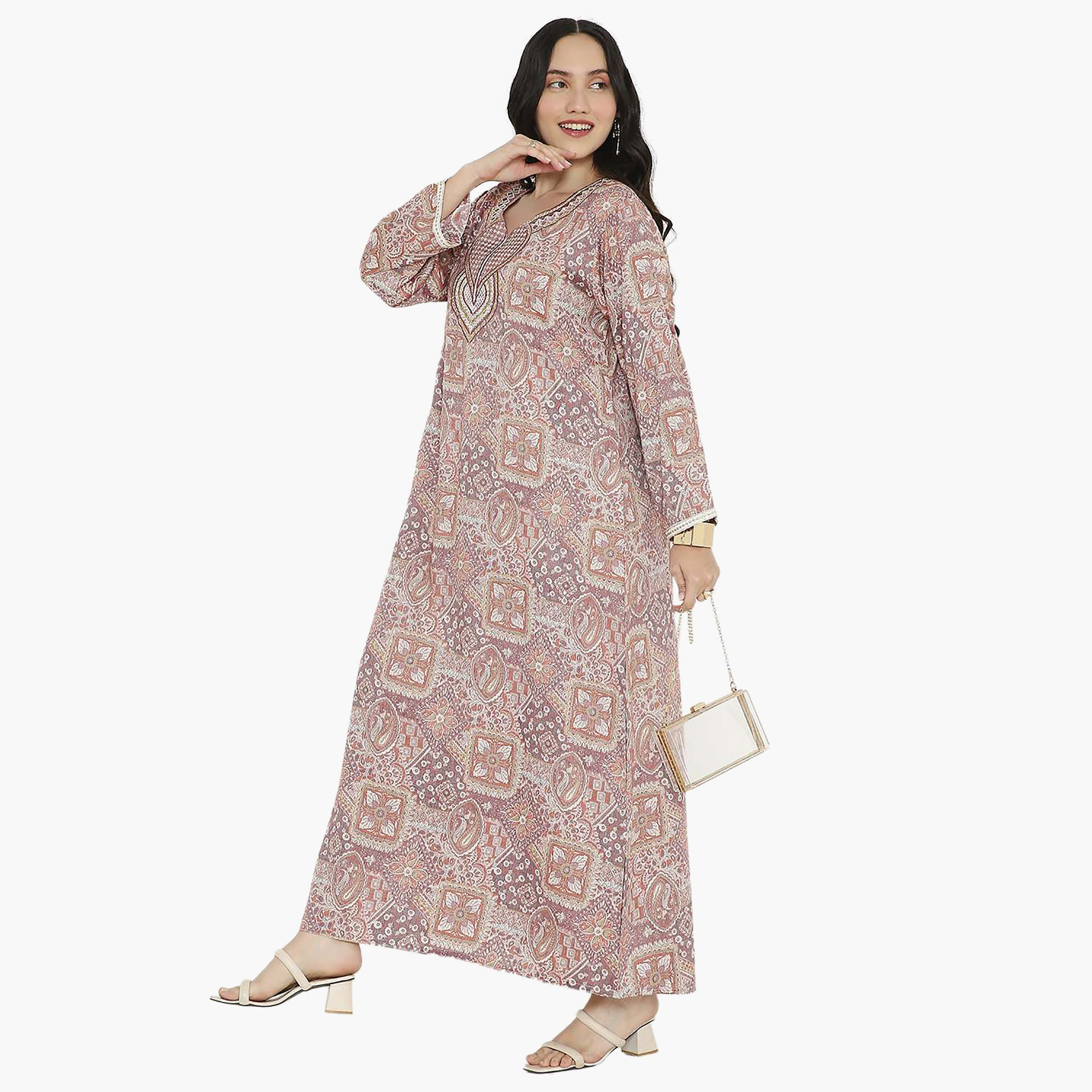 Hana & Sara Printed Embroidered Knot Neck Detail Women's Jalabiya-women-arabicclothing-jalabiyas-image-14