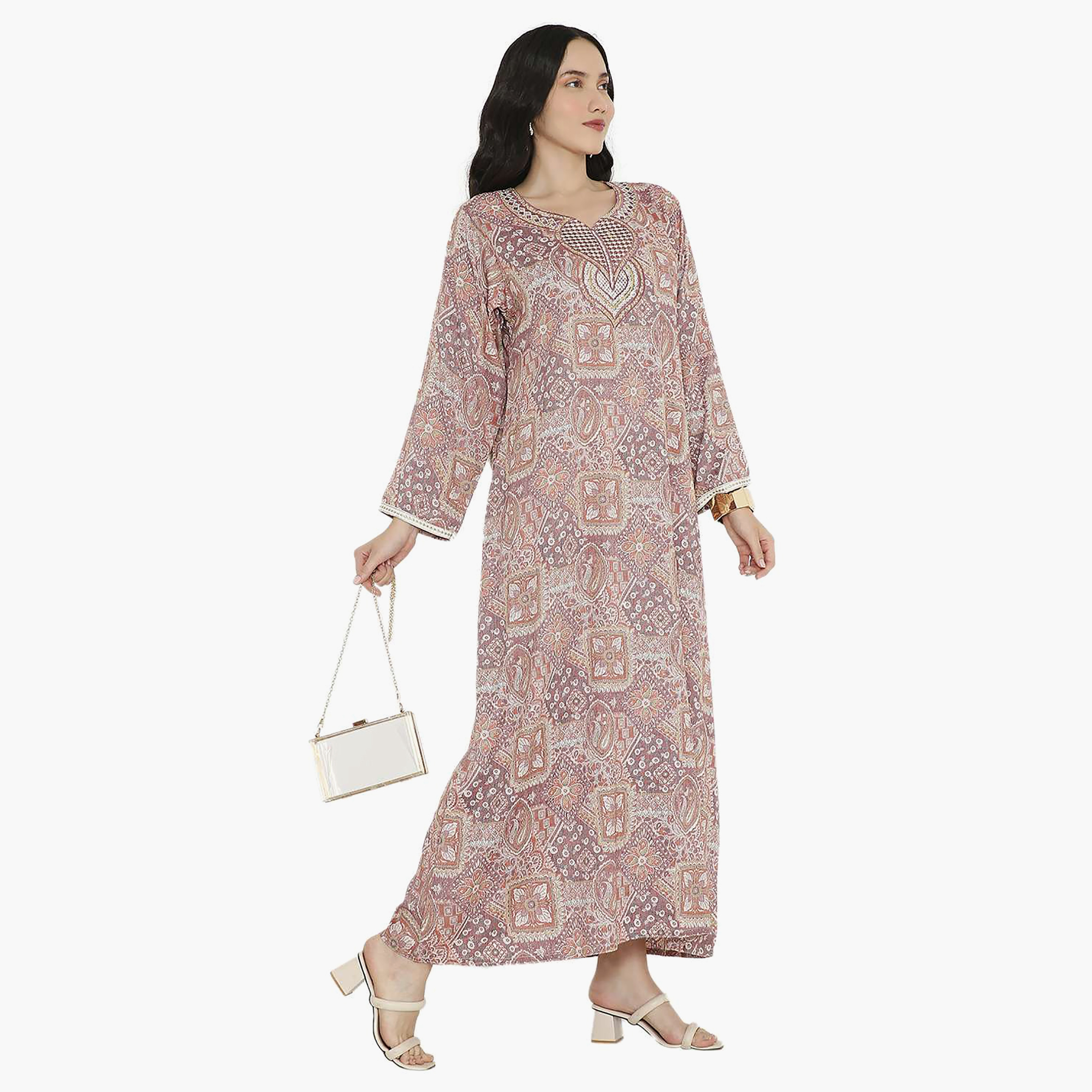 Hana & Sara Printed Embroidered Knot Neck Detail Women's Jalabiya-women-arabicclothing-jalabiyas-image-15