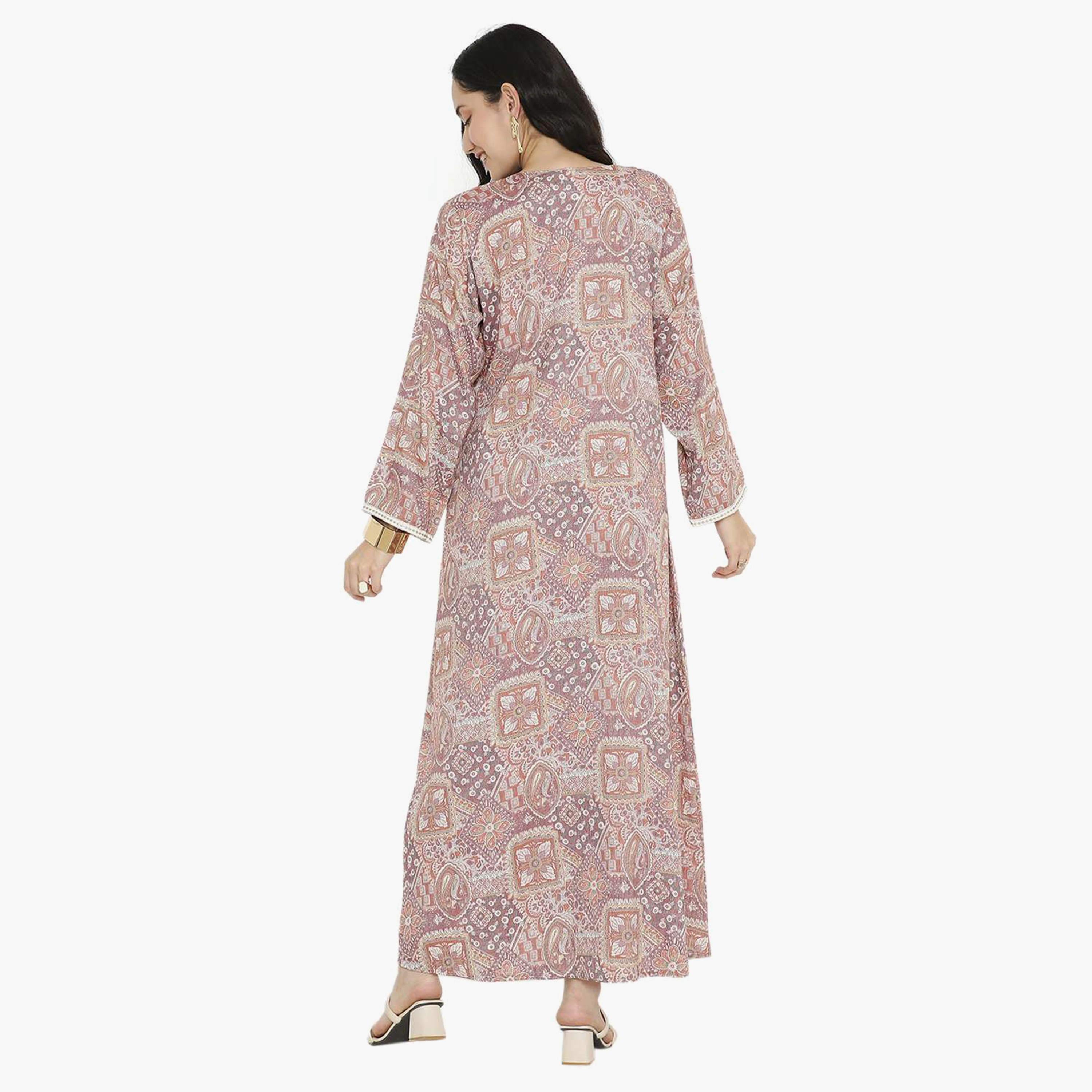 Hana & Sara Printed Embroidered Knot Neck Detail Women's Jalabiya-women-arabicclothing-jalabiyas-image-1