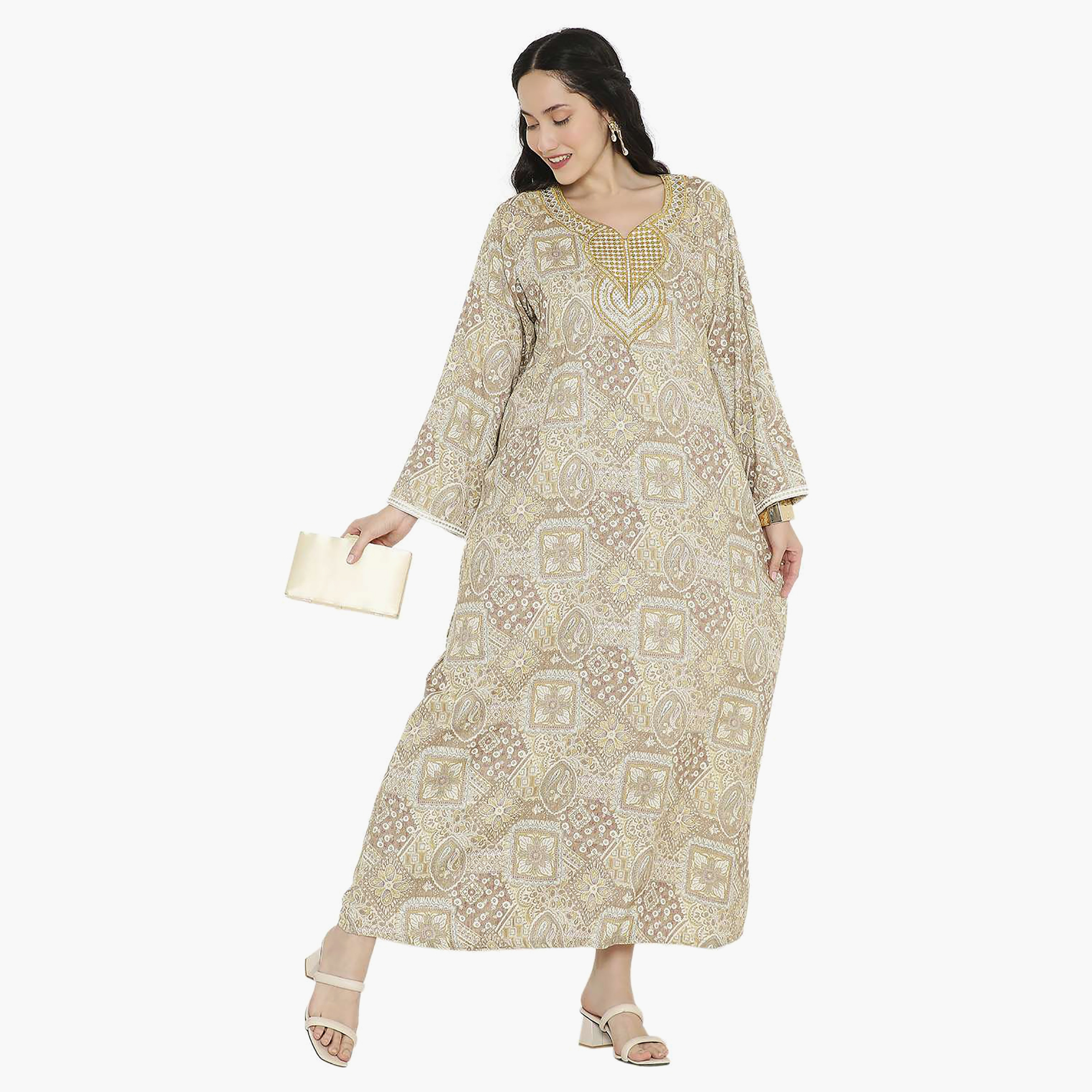Hana & Sara Printed Embroidered Knot Neck Detail Women's Jalabiya-women-arabicclothing-jalabiyas-image-11