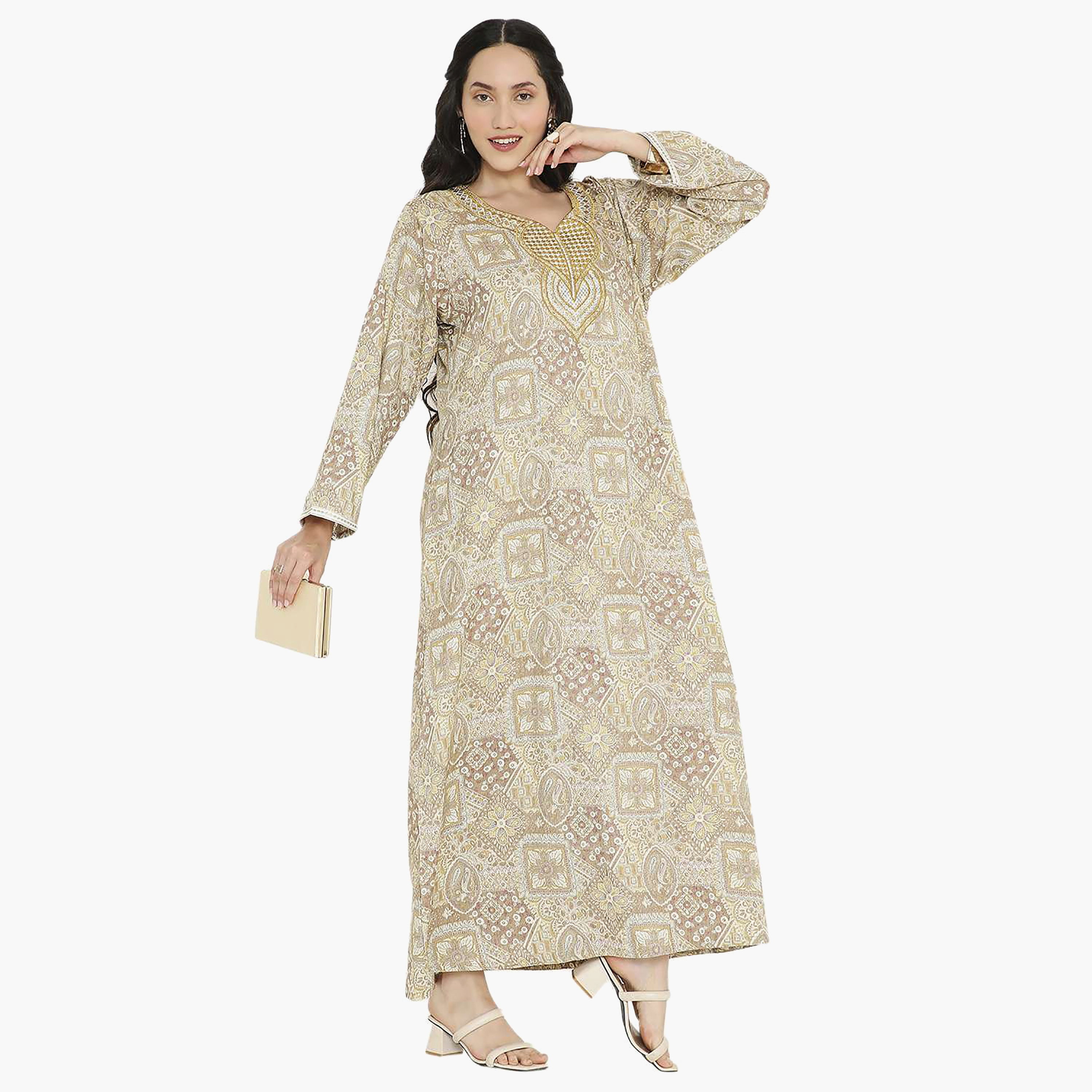 Hana & Sara Printed Embroidered Knot Neck Detail Women's Jalabiya-women-arabicclothing-jalabiyas-image-13