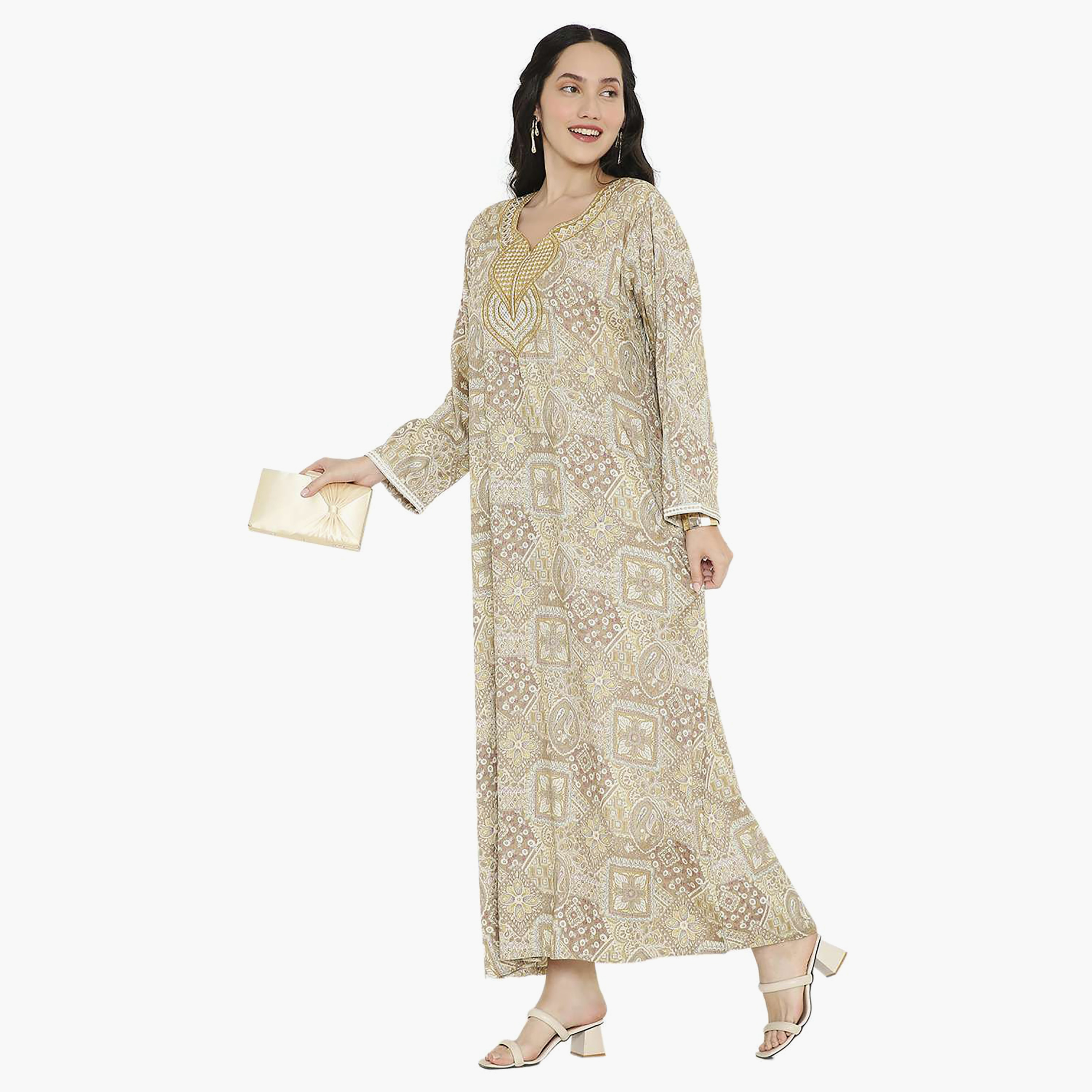 Hana & Sara Printed Embroidered Knot Neck Detail Women's Jalabiya-women-arabicclothing-jalabiyas-image-14