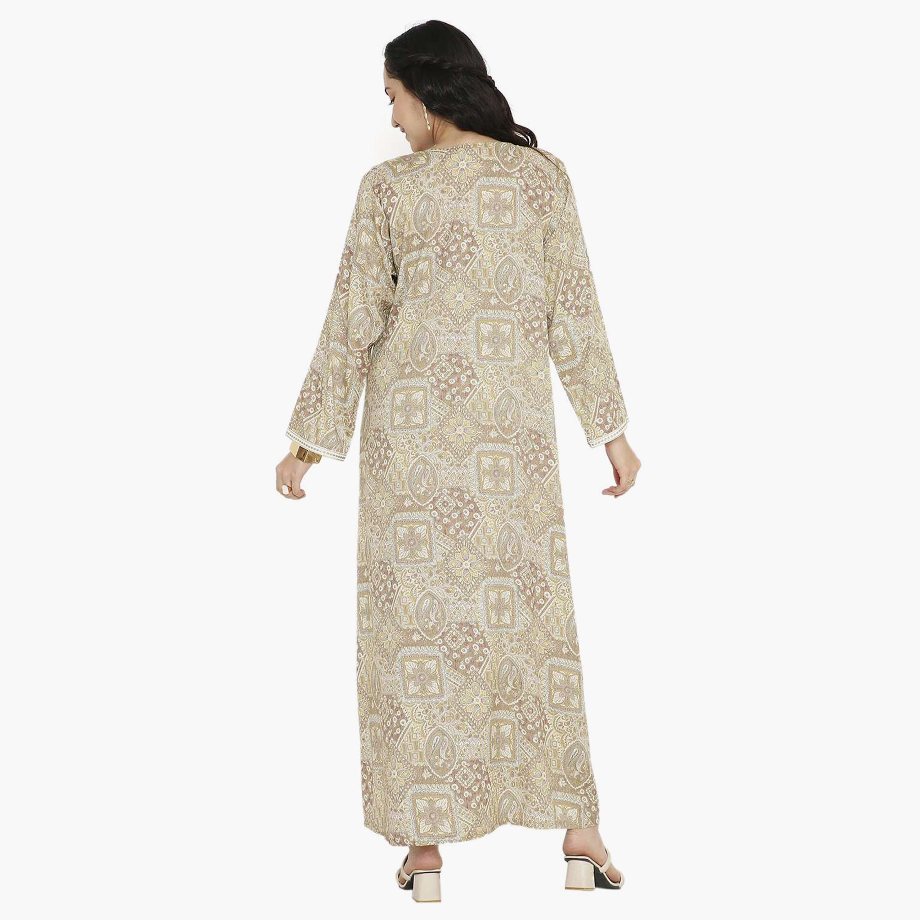 Hana & Sara Printed Embroidered Knot Neck Detail Women's Jalabiya-women-arabicclothing-jalabiyas-image-15