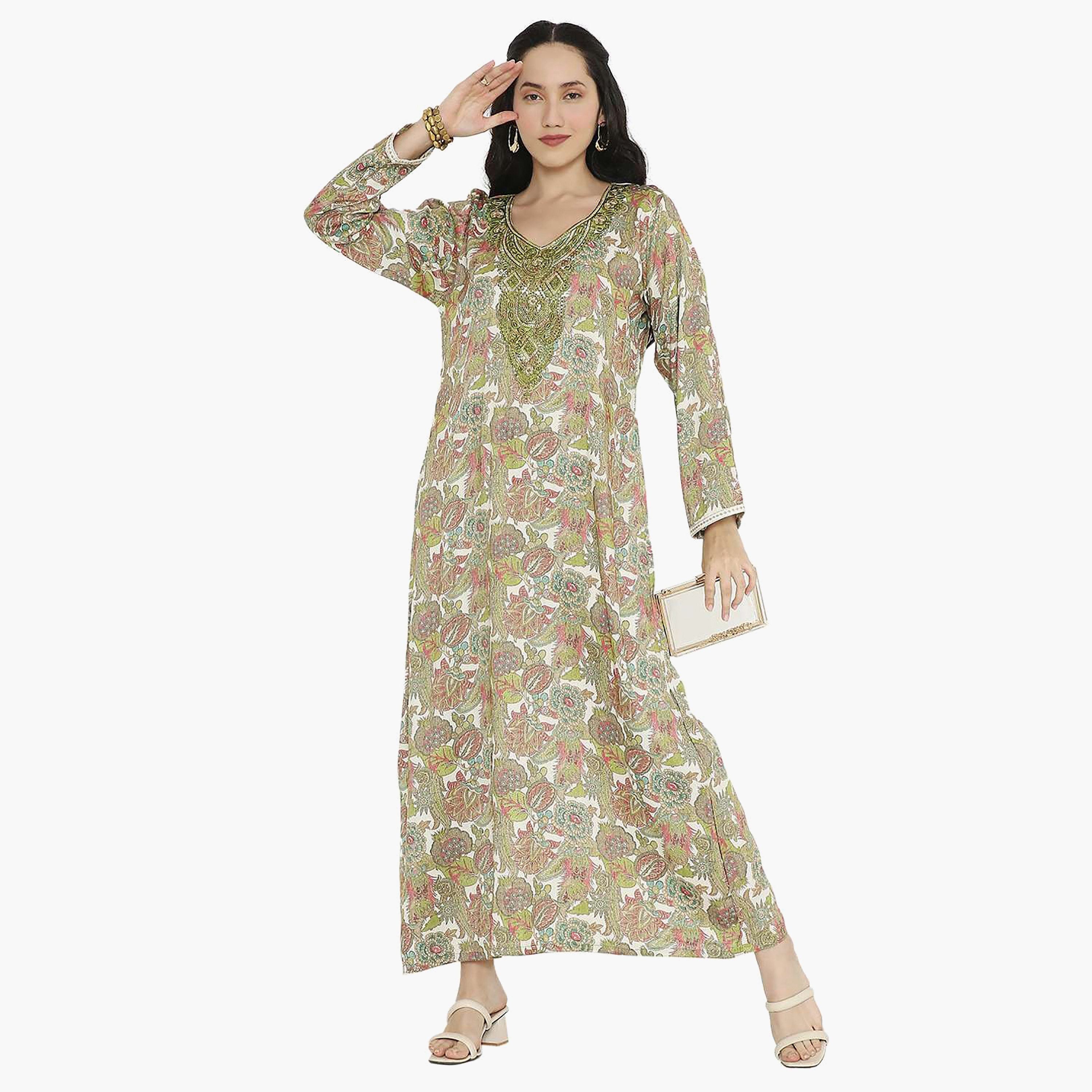Hana & Sara Printed Embroidered Knot Neck Detail Women's Jalabiya-women-arabicclothing-jalabiyas-image-1