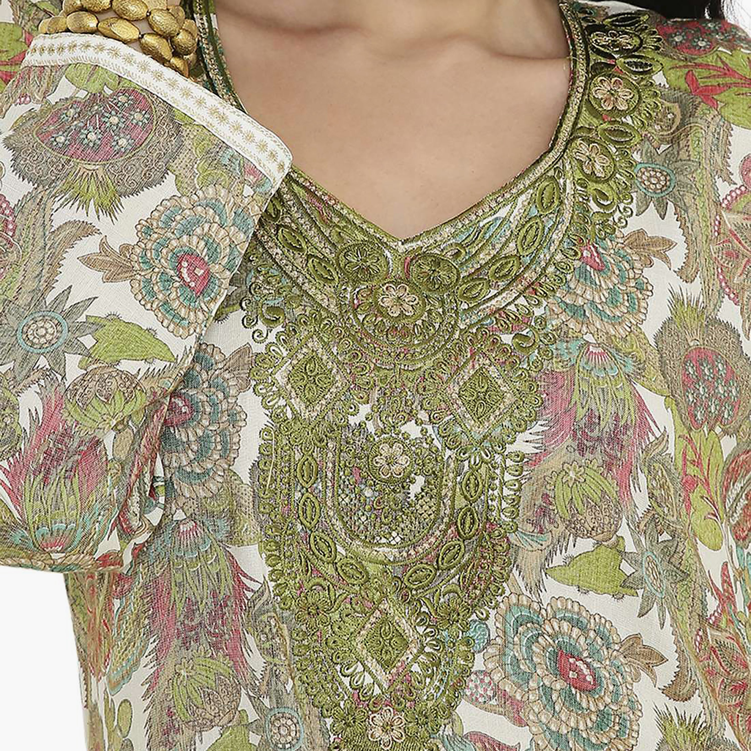 Hana & Sara Printed Embroidered Knot Neck Detail Women's Jalabiya-women-arabicclothing-jalabiyas-image-2