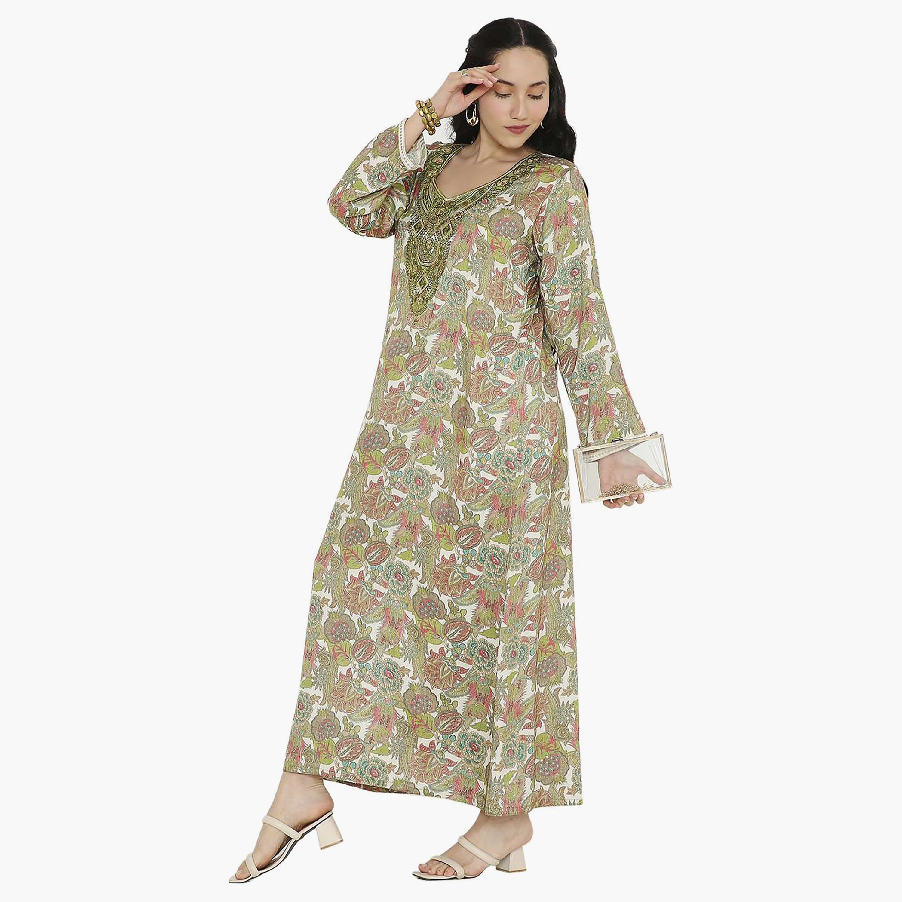 Hana & Sara Printed Embroidered Knot Neck Detail Women's Jalabiya-women-arabicclothing-jalabiyas-image-3