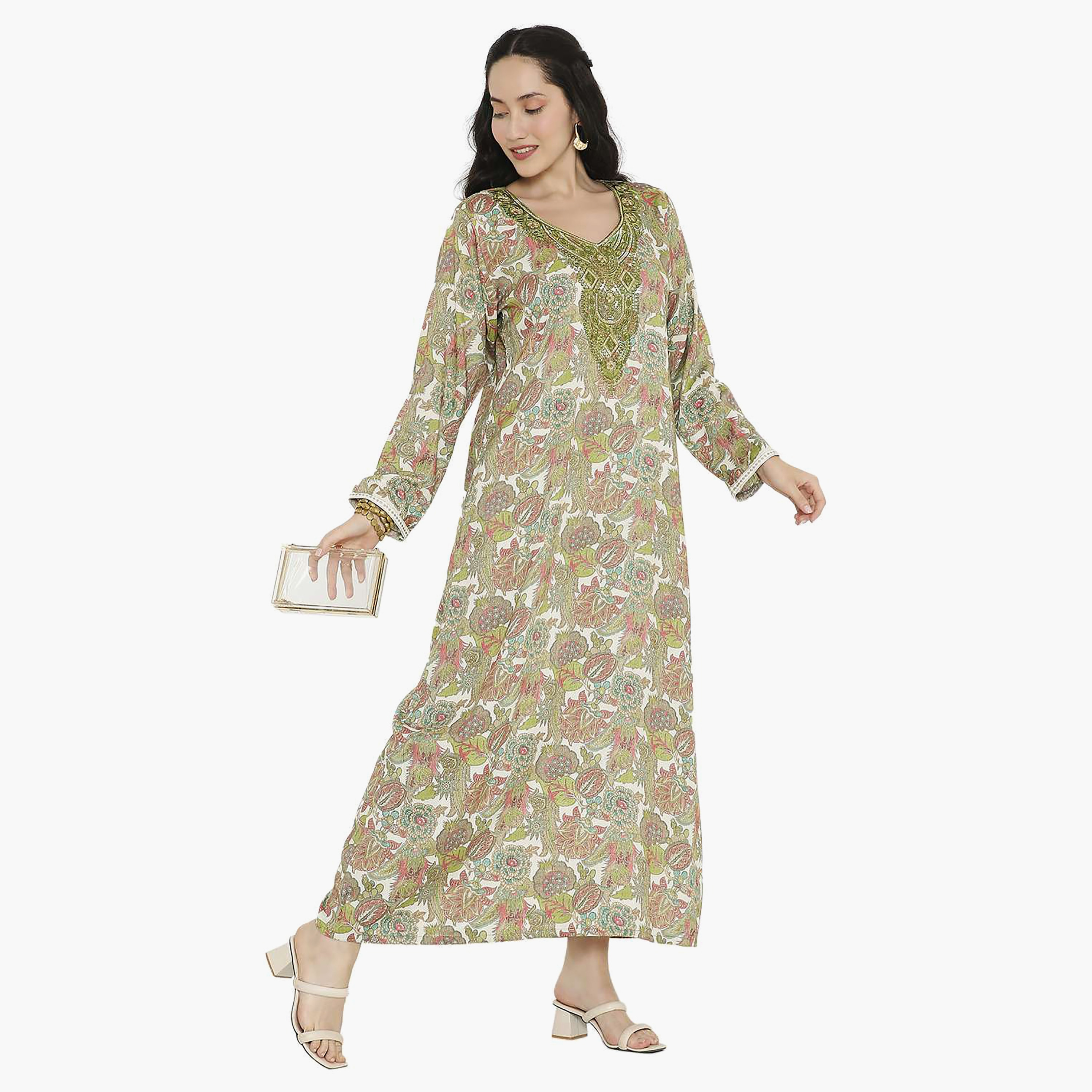 Hana & Sara Printed Embroidered Knot Neck Detail Women's Jalabiya-women-arabicclothing-jalabiyas-image-4
