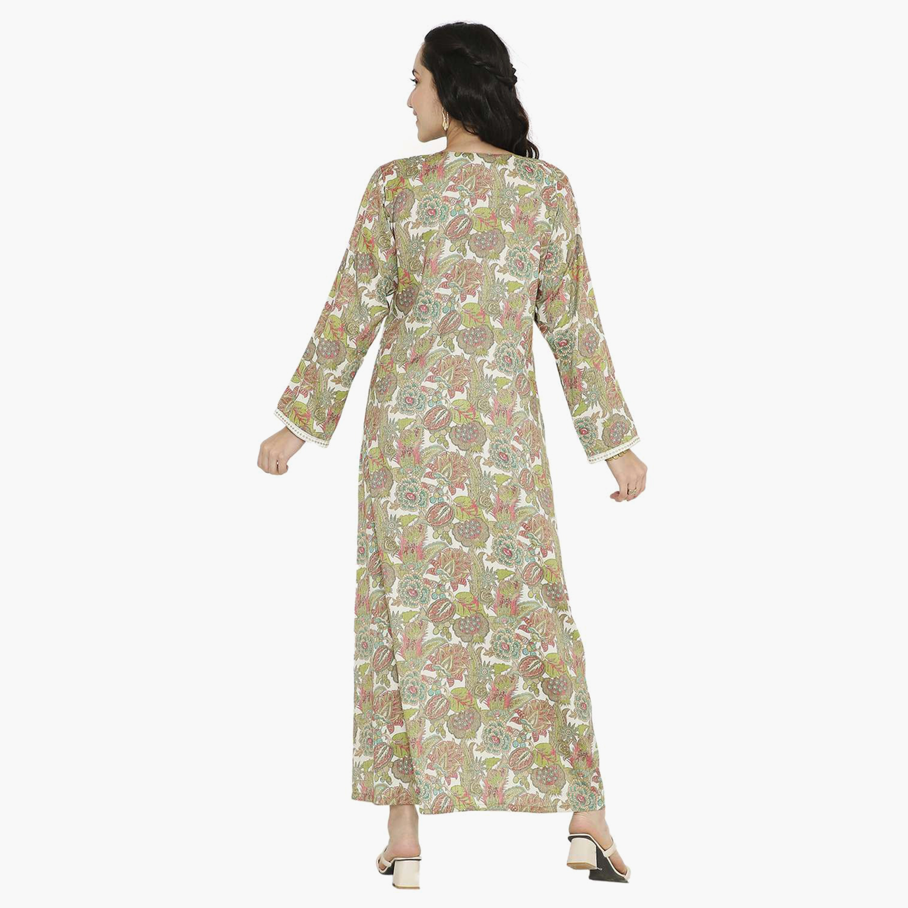 Hana & Sara Printed Embroidered Knot Neck Detail Women's Jalabiya-women-arabicclothing-jalabiyas-image-5