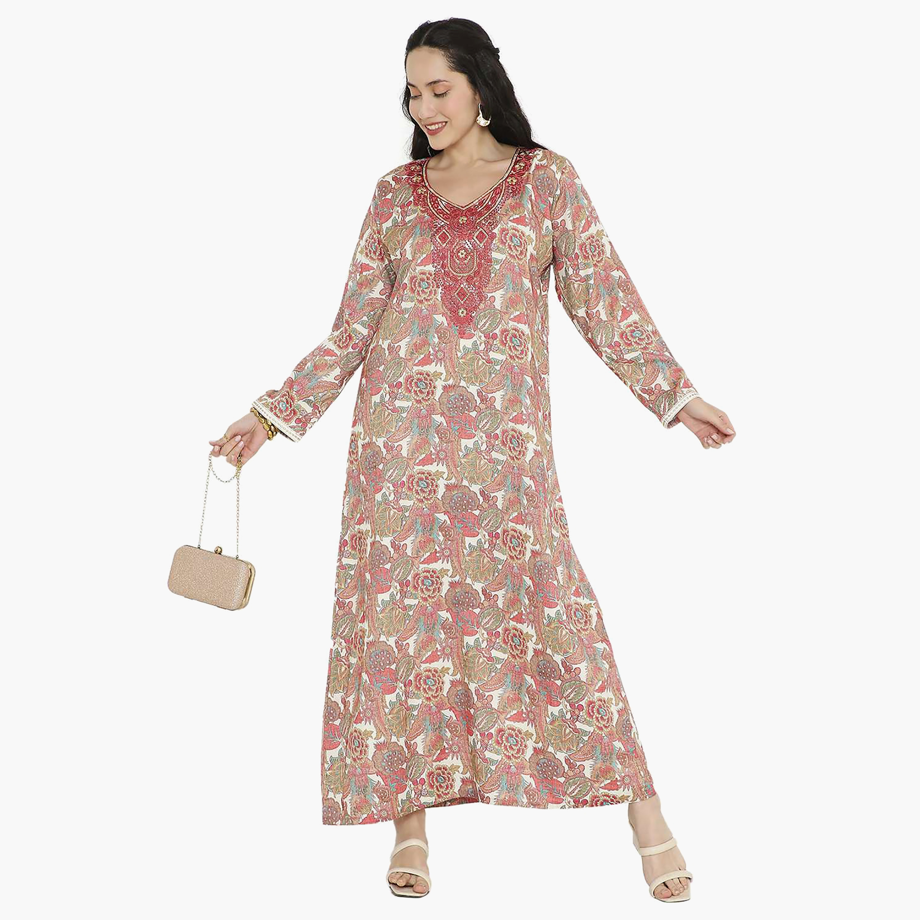 Hana & Sara Printed Embroidered Knot Neck Detail Women's Jalabiya-women-arabicclothing-jalabiyas-image-6