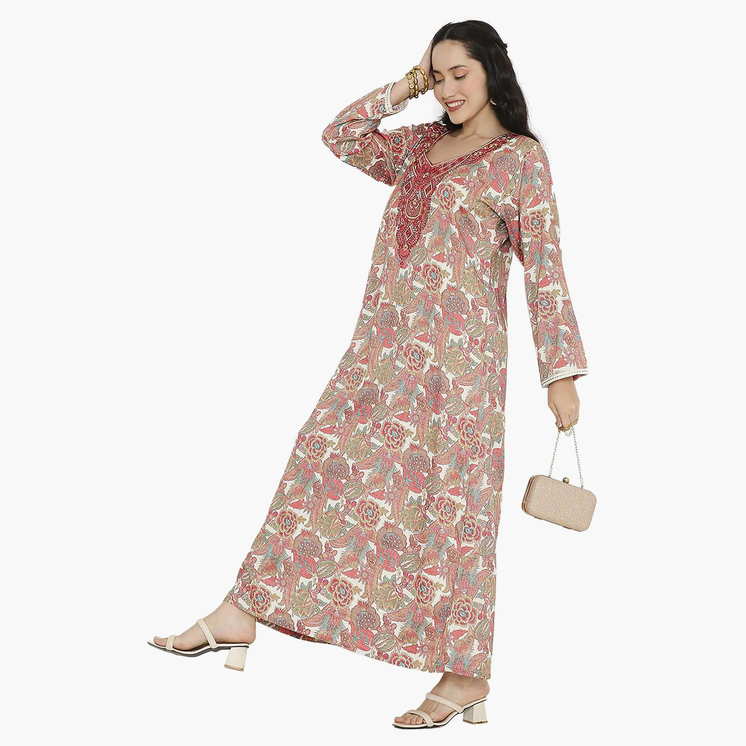 Hana & Sara Printed Embroidered Knot Neck Detail Women's Jalabiya-women-arabicclothing-jalabiyas-image-8