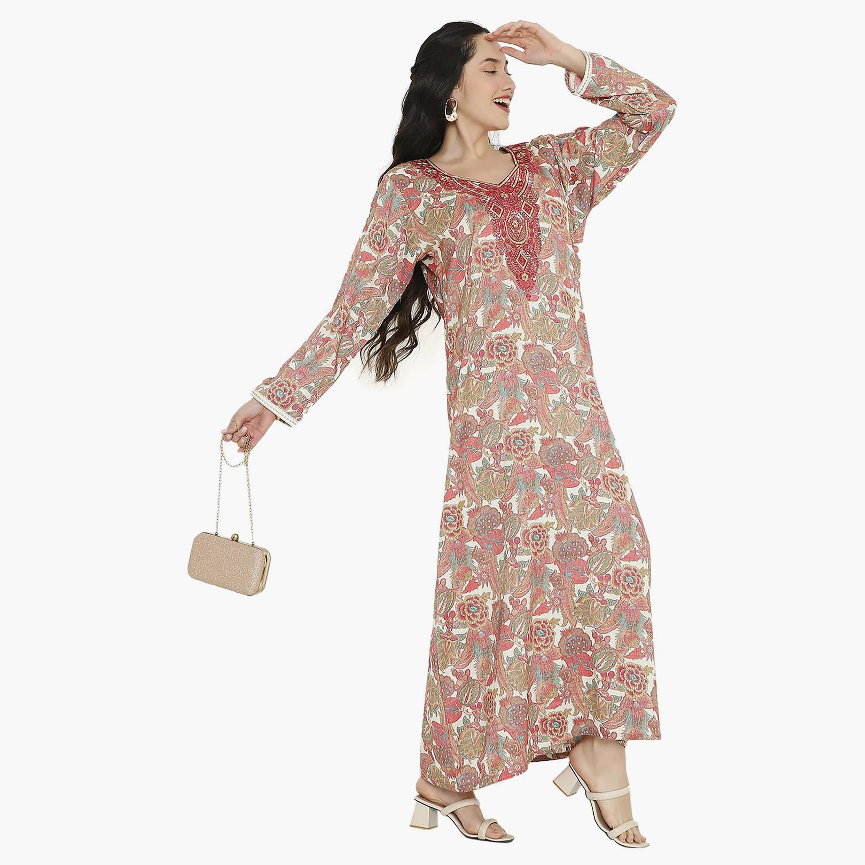 Hana & Sara Printed Embroidered Knot Neck Detail Women's Jalabiya-women-arabicclothing-jalabiyas-image-9