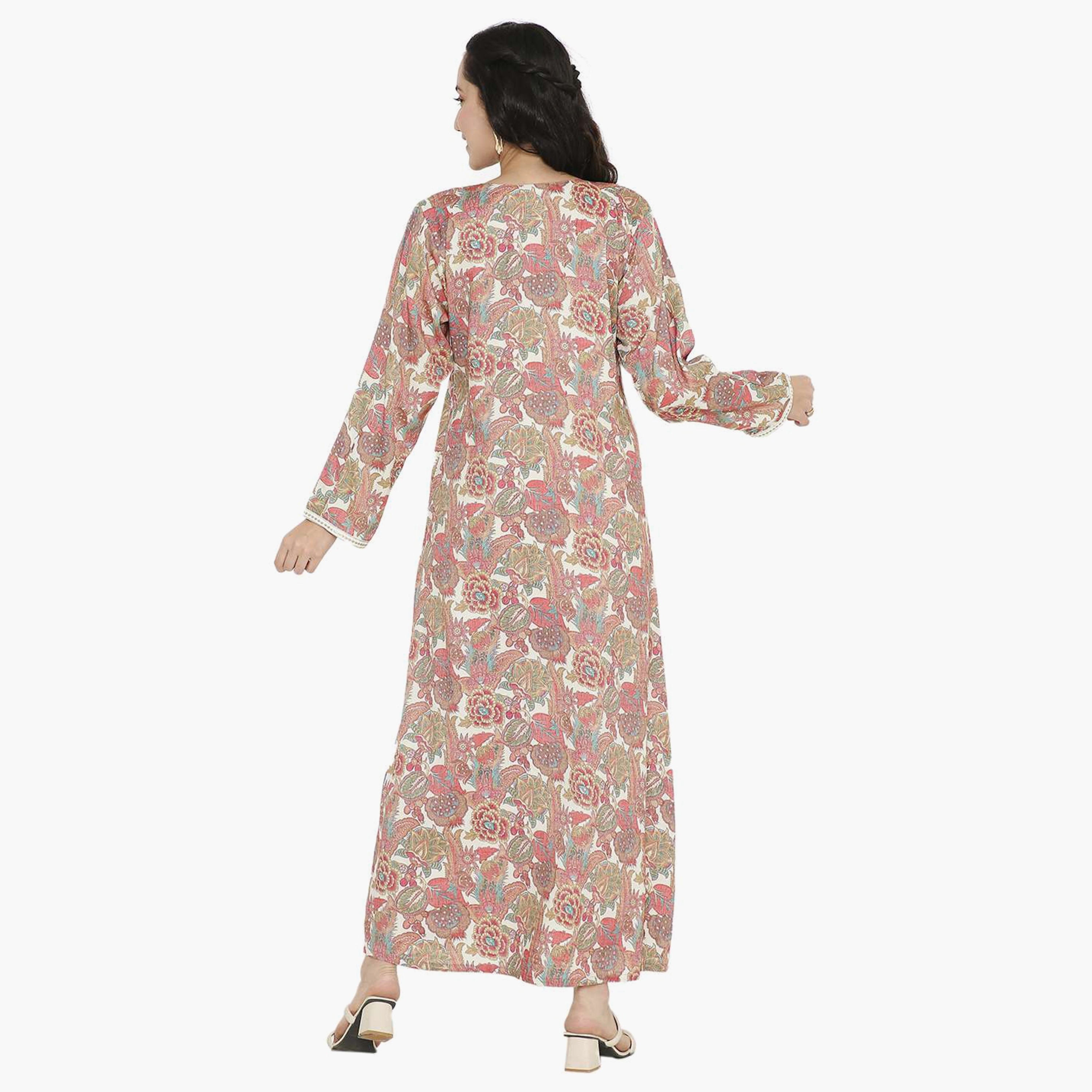 Hana & Sara Printed Embroidered Knot Neck Detail Women's Jalabiya-women-arabicclothing-jalabiyas-image-10